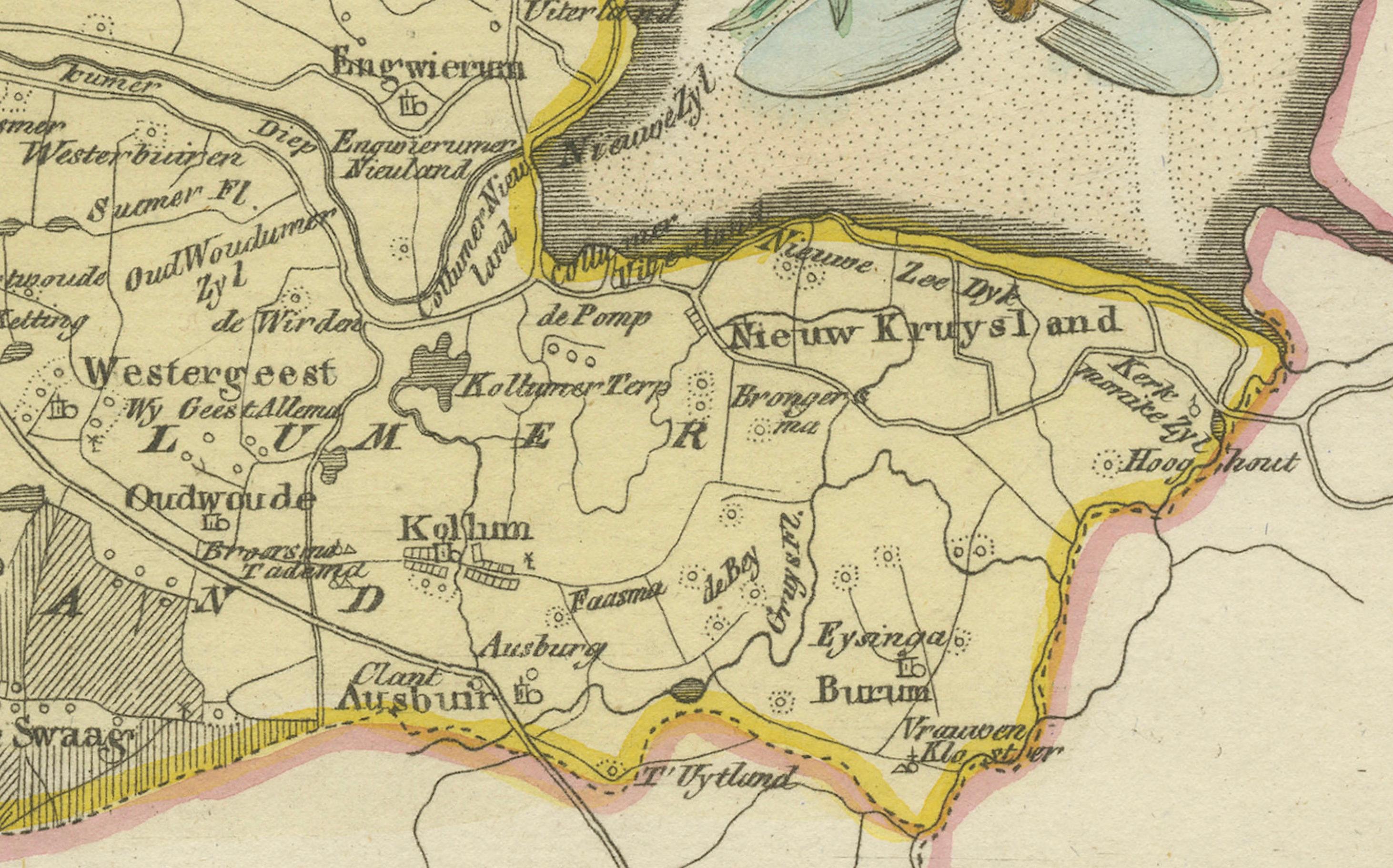 Gravé Carte ancienne de Leeuwarden et Dokkum, Frise par von Reilly, 1791 en vente