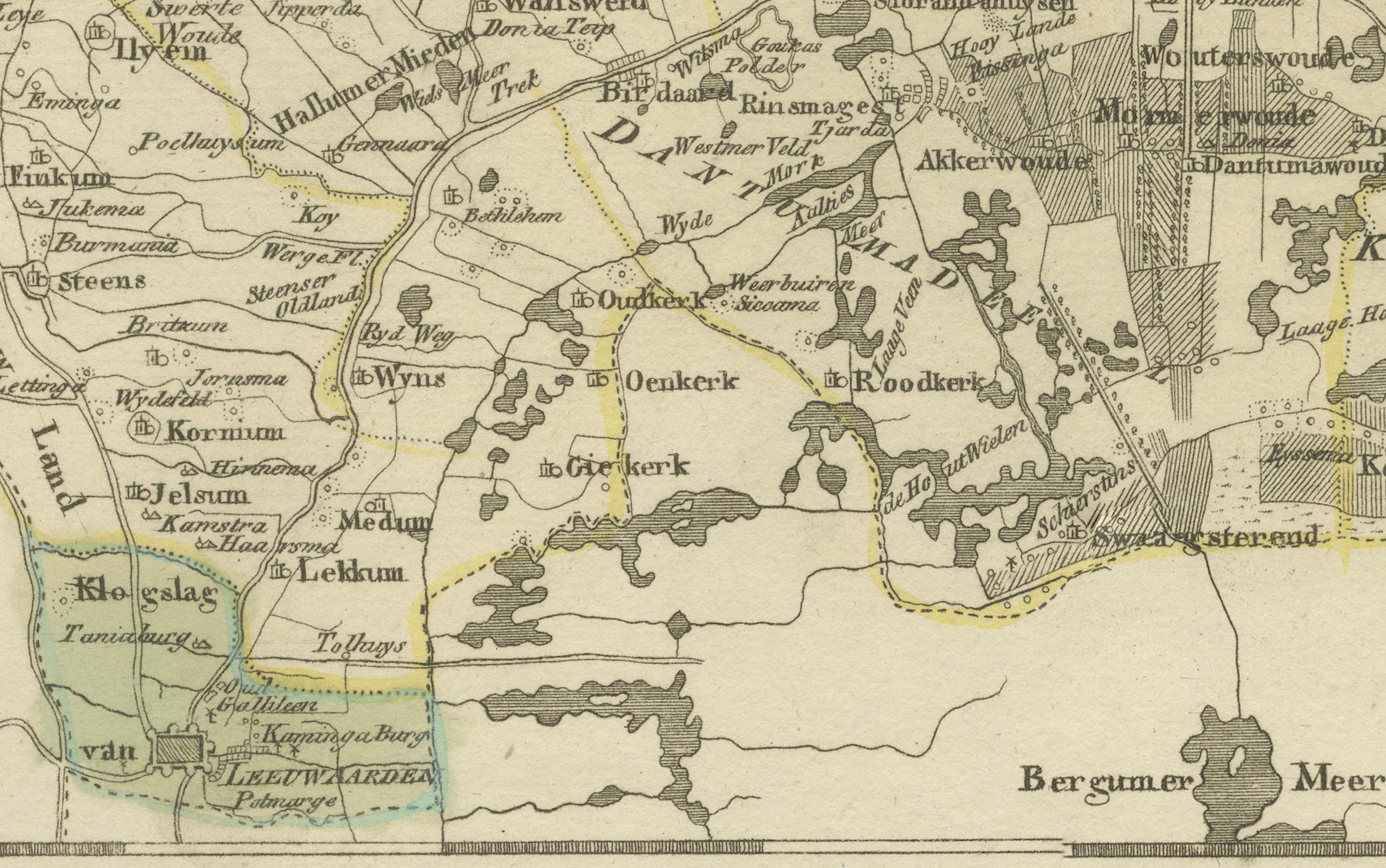 Mapa antiguo de Leeuwarden y Dokkum, Frisia, por von Reilly, 1791 en Bueno estado para la venta en Langweer, NL
