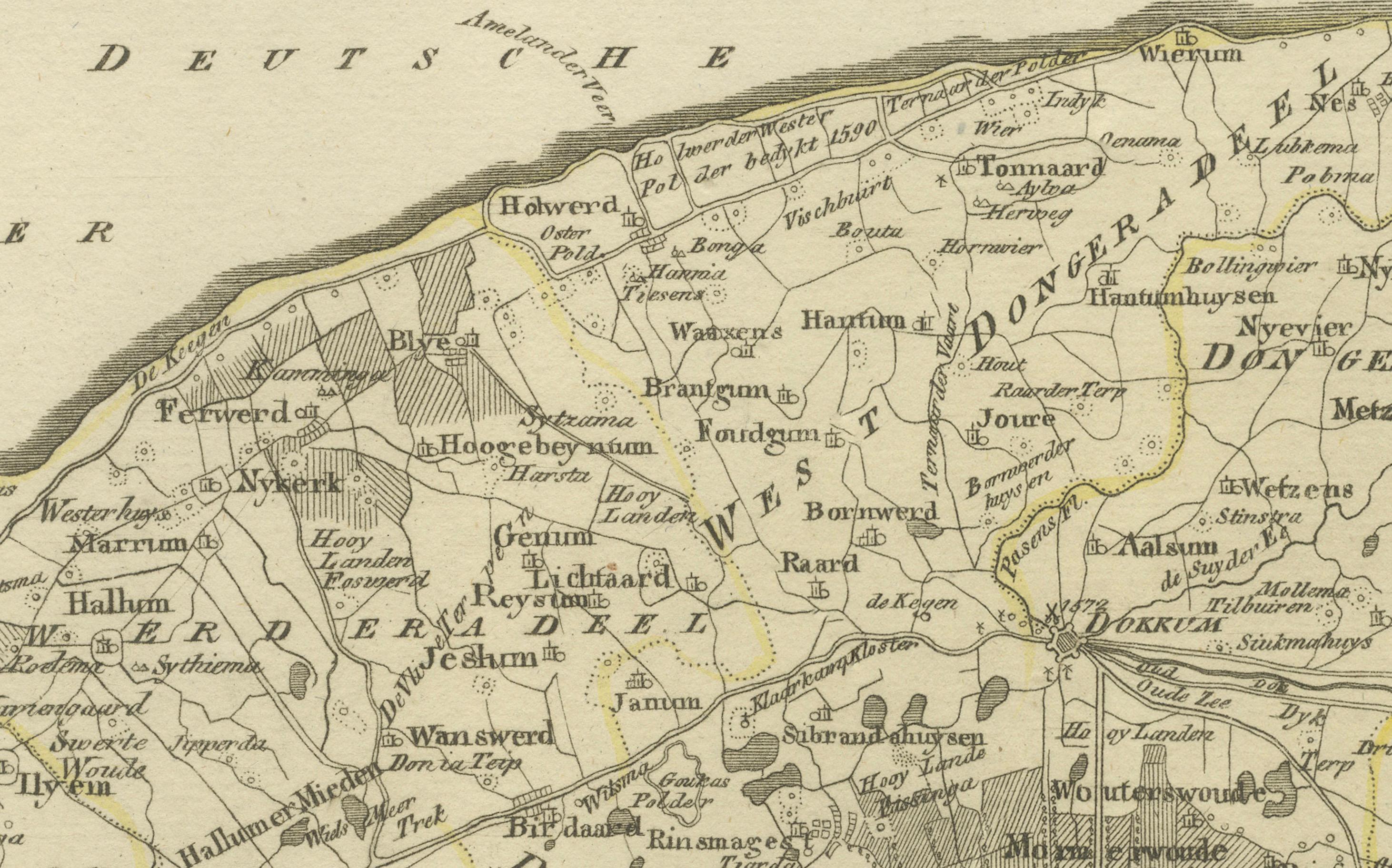 Mapa antiguo de Leeuwarden y Dokkum, Frisia, por von Reilly, 1791 siglo XVIII en venta