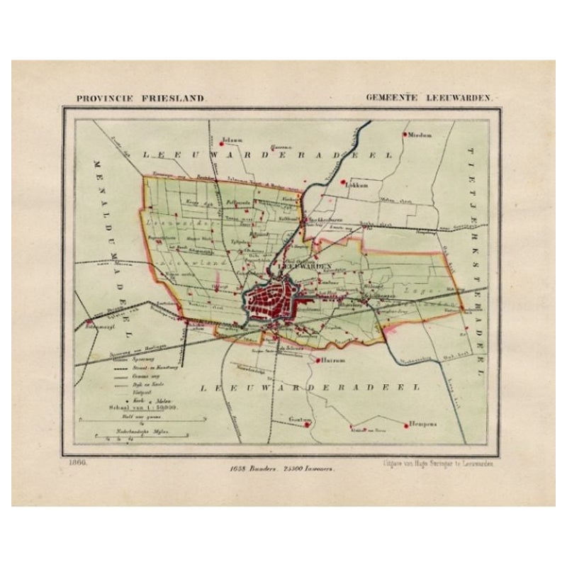 Carte ancienne de Leeuwarden et de son entourage, dans le Friesland, aux Pays-Bas, 1865