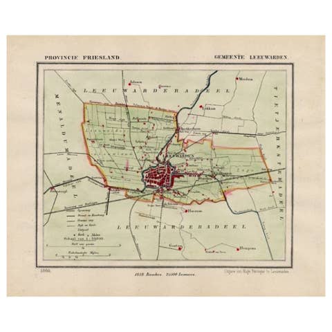 Antique Map of Leeuwarden and Surroundings, in Friesland, the Netherlands, 1865