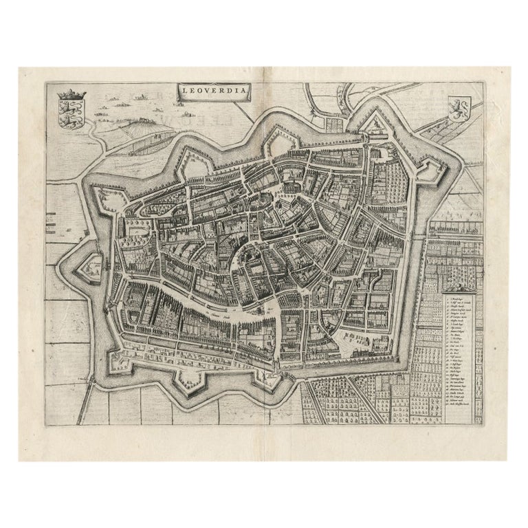 Carte ancienne de Leeuwarden, capitale du Friesland, aux Pays-Bas, par Blaeu, 1649