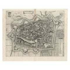 Carte ancienne de Leeuwarden, capitale du Friesland, aux Pays-Bas, par Blaeu, 1649