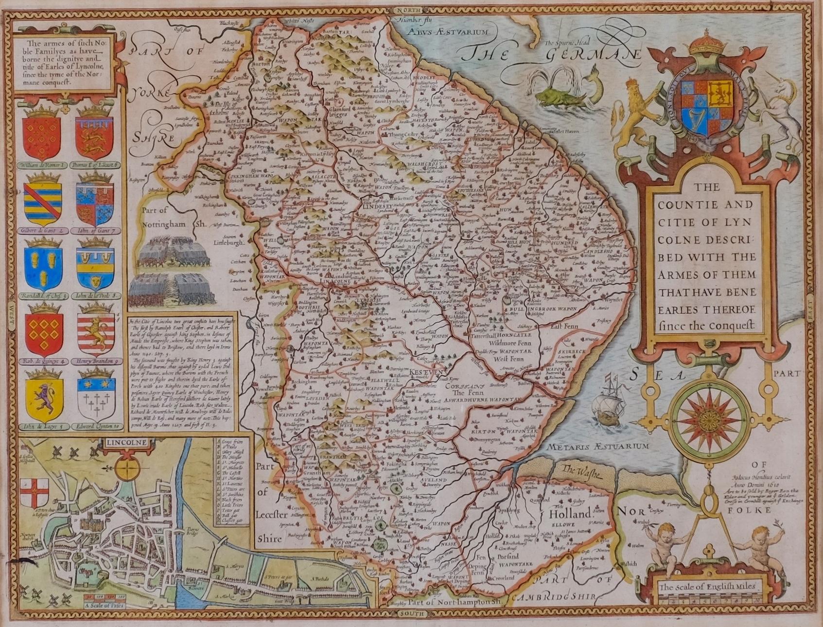 Antique map of Lincoln 

Measures: 65 x 72cm 

A beautifully colourful antique map showing the Heraldic Arms for those 'noble families that have borne the dignitiye and title of Earles of Lyncolne since the tyme of the Normane conquest'.

'The