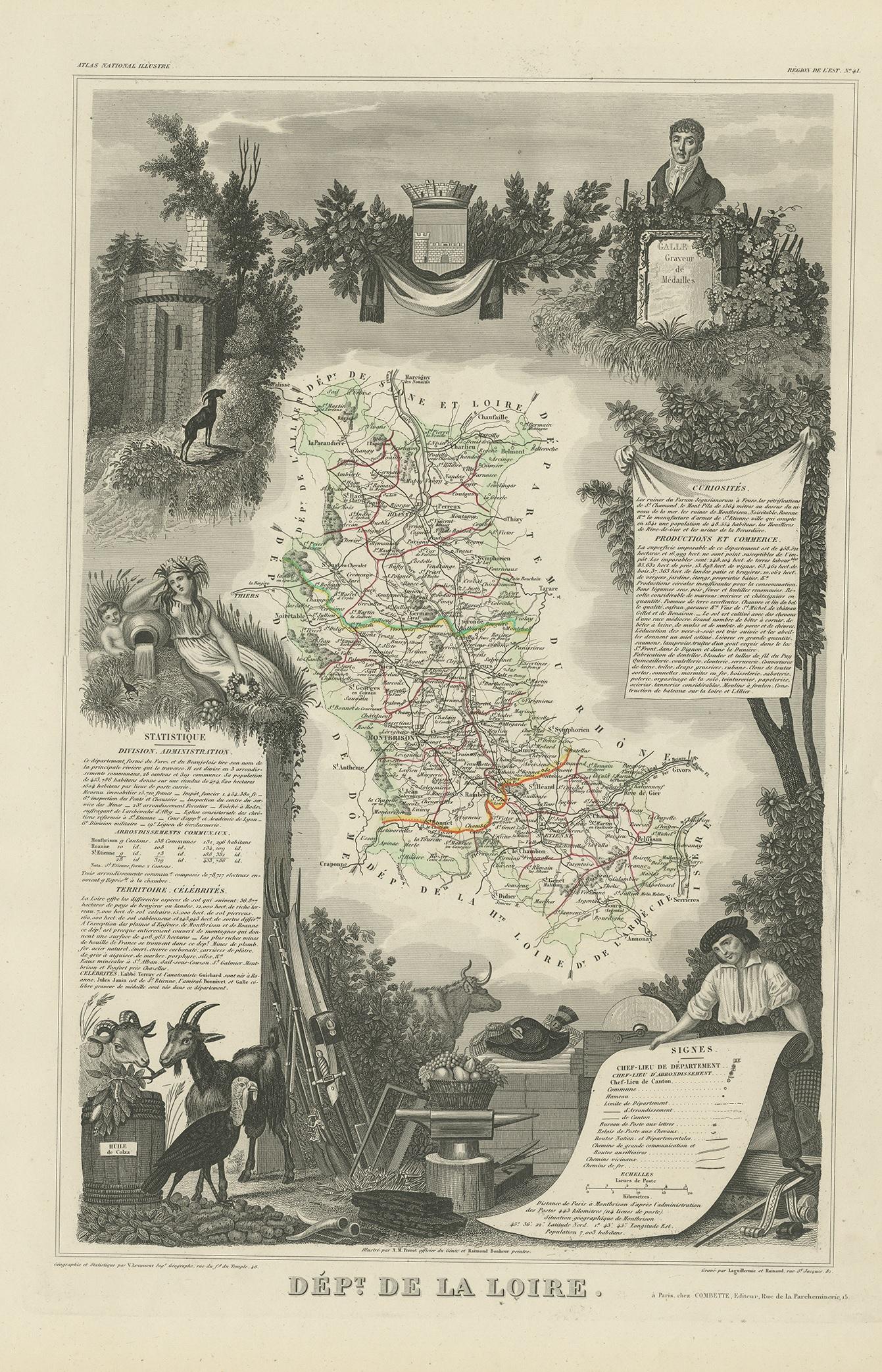 Antique map titled 'Dépt. de la Loire'. Map of the French department of Loire, France. This area of France is part of the Loire Valley wine growing region. The area includes 87 appellations under the Appellation d'origine contrôlée, Vin Délimité de