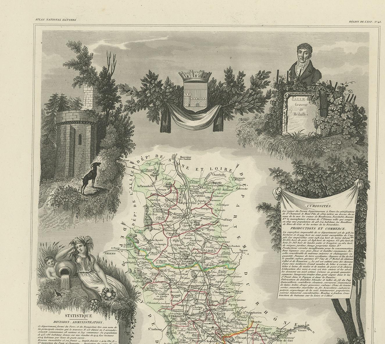 Carta geografica antica della Loira 'Francia' di V. Levasseur, 1854 In condizioni buone in vendita a Langweer, NL