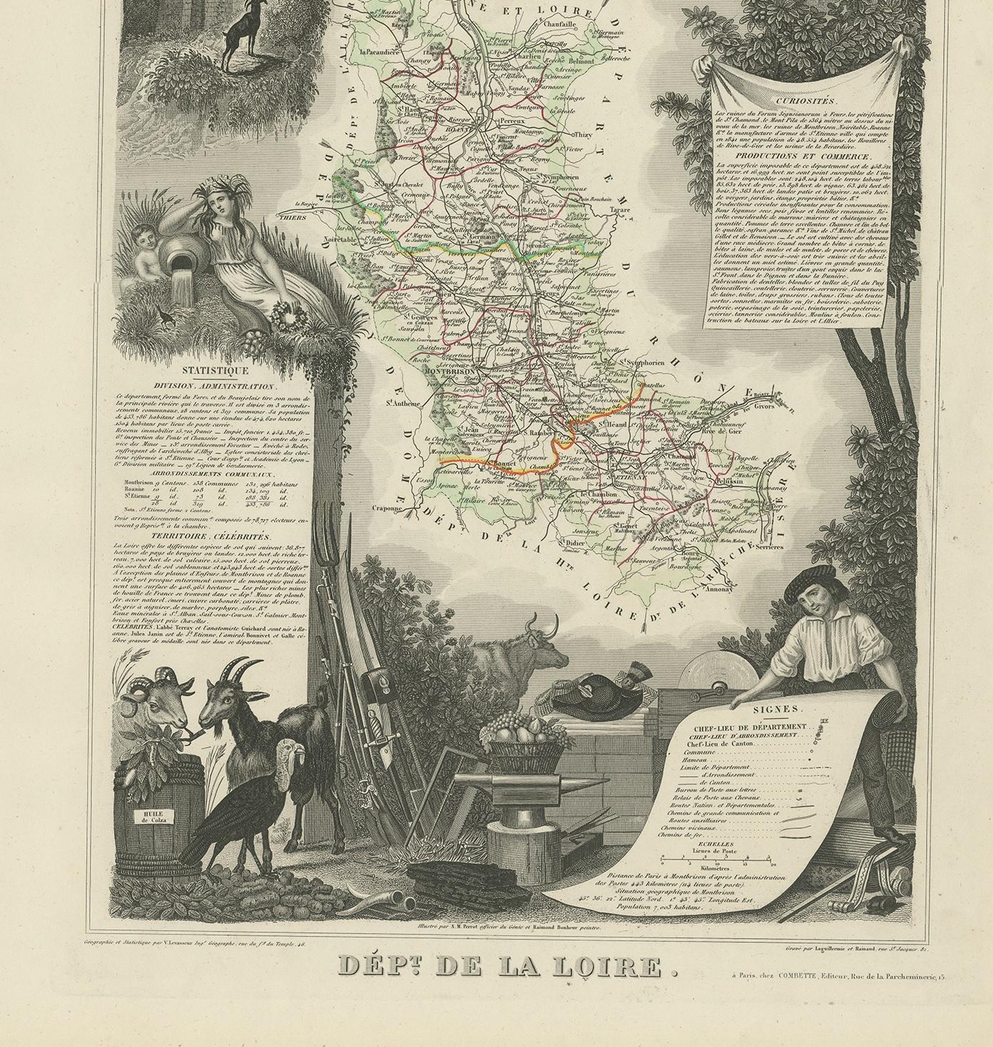 19th Century Antique Map of Loire ‘France’ by V. Levasseur, 1854 For Sale