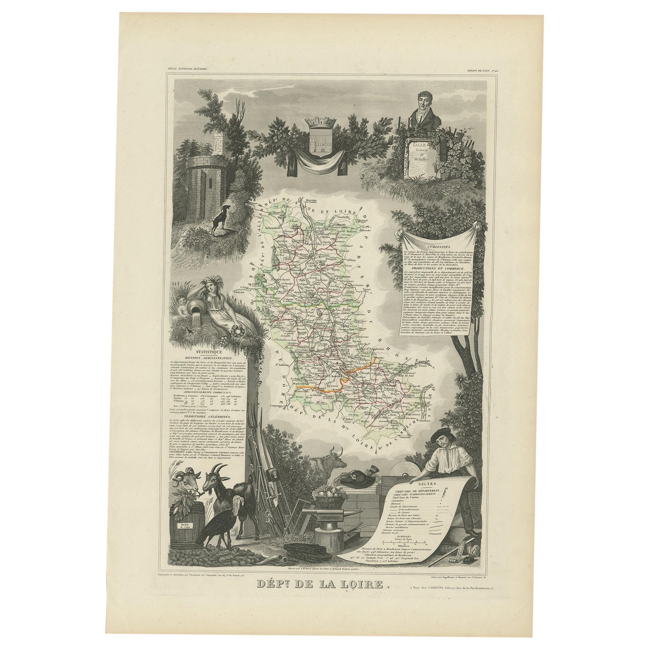Antique Map of Loire ‘France’ by V. Levasseur, 1854 For Sale