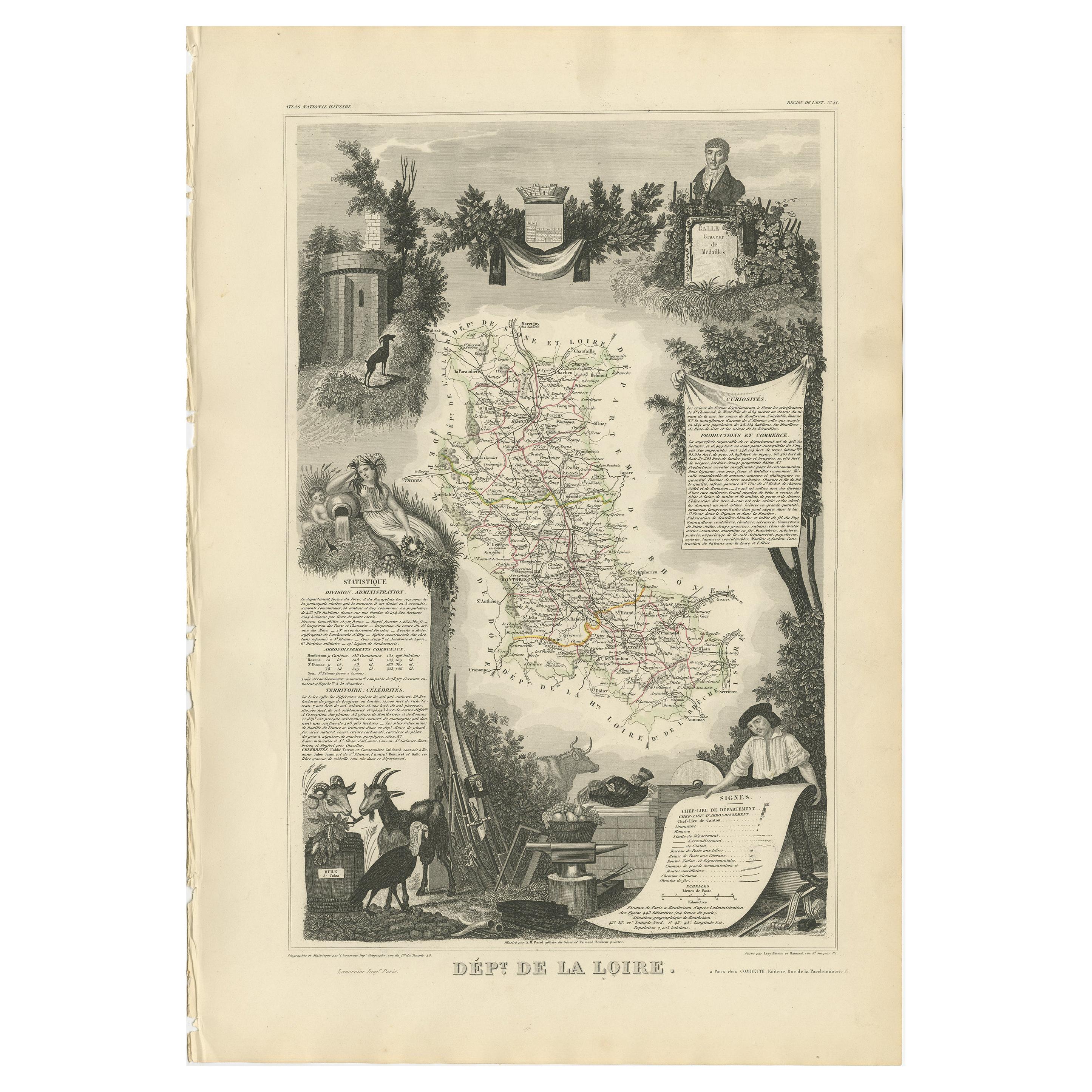 Antique Map of Loire ‘France’ by V. Levasseur, 1854 For Sale