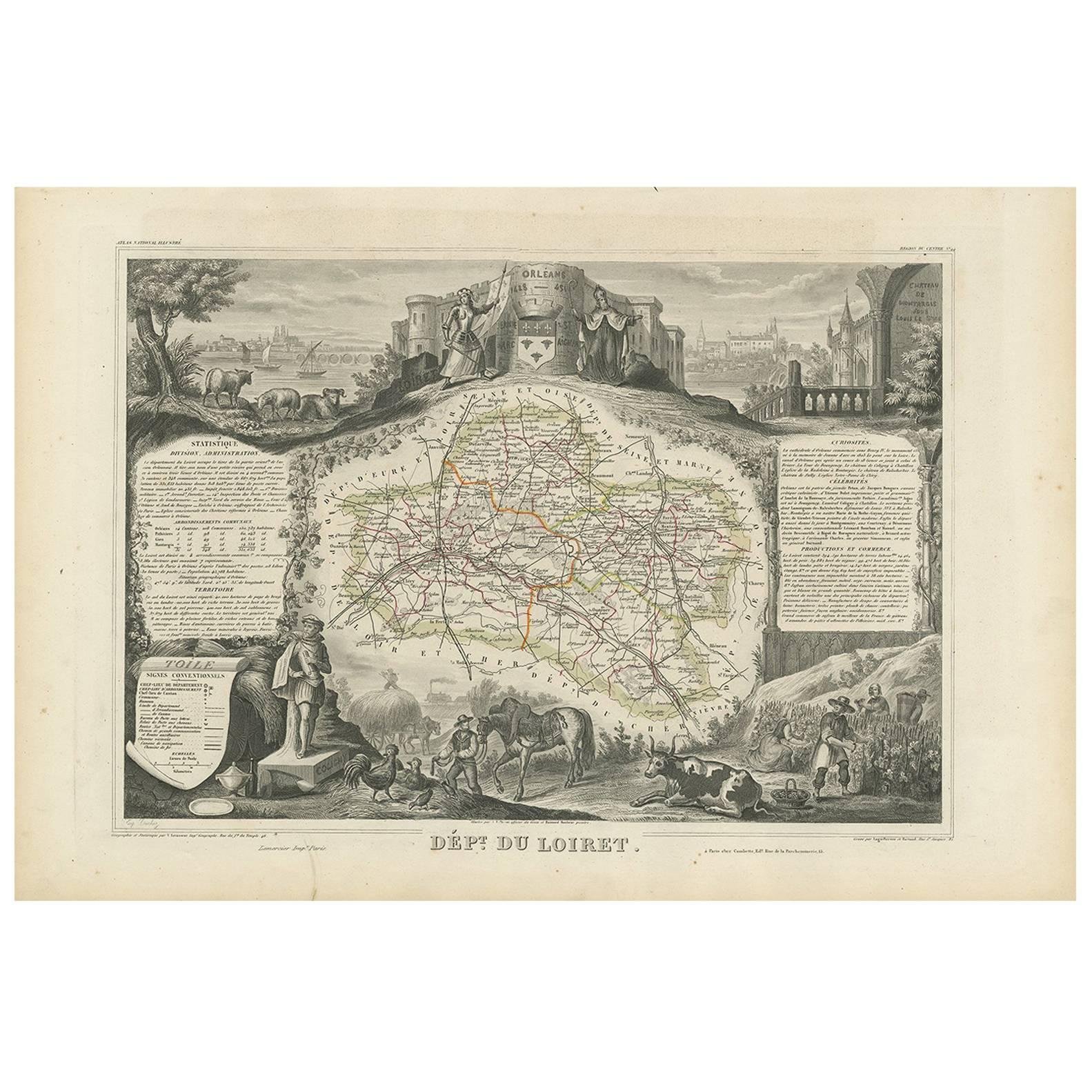 Antique Map of Loiret ‘France’ by V. Levasseur, 1854 For Sale