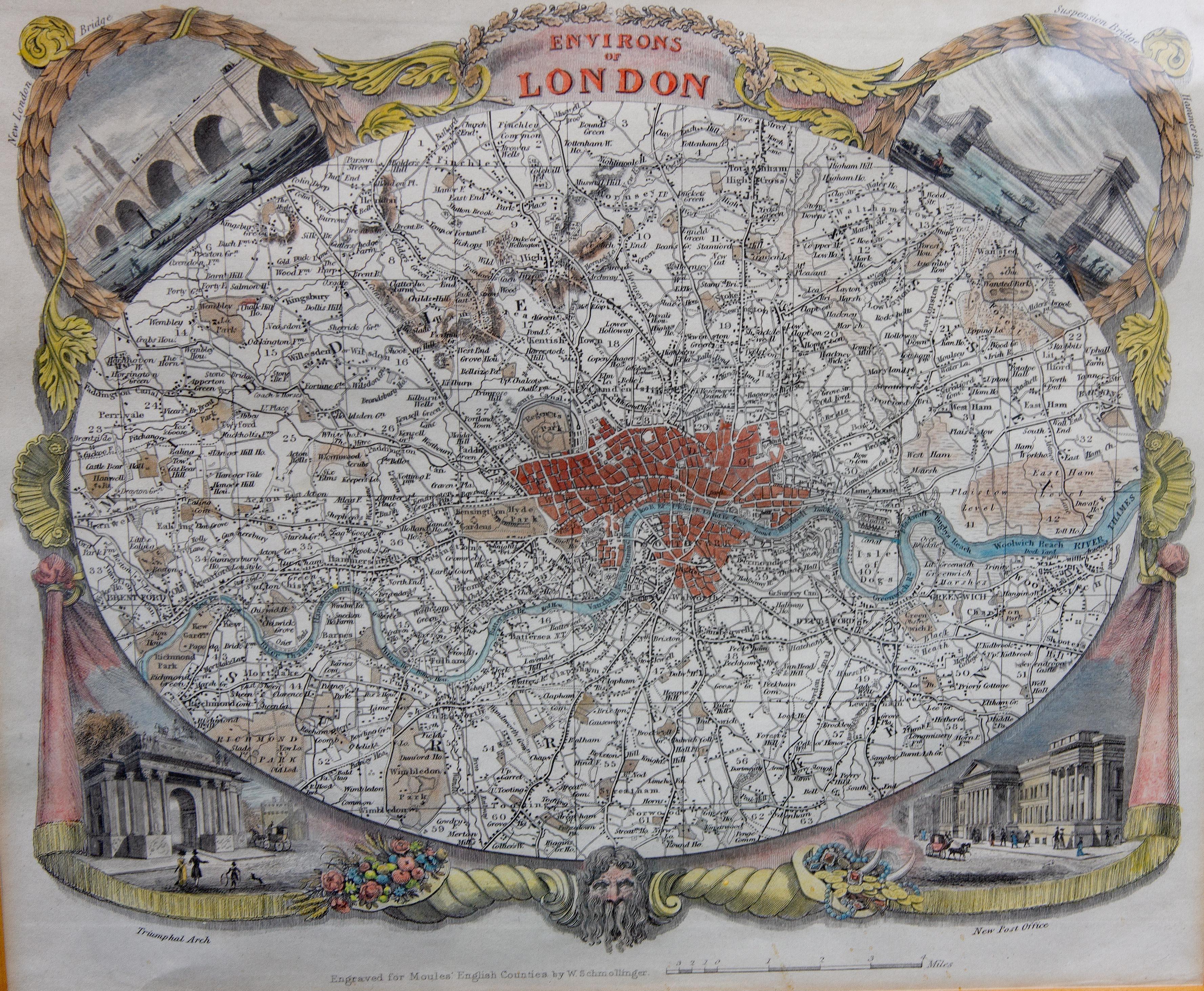 Antike Karte von London von Thomas Moule und William Schmollinger im Angebot