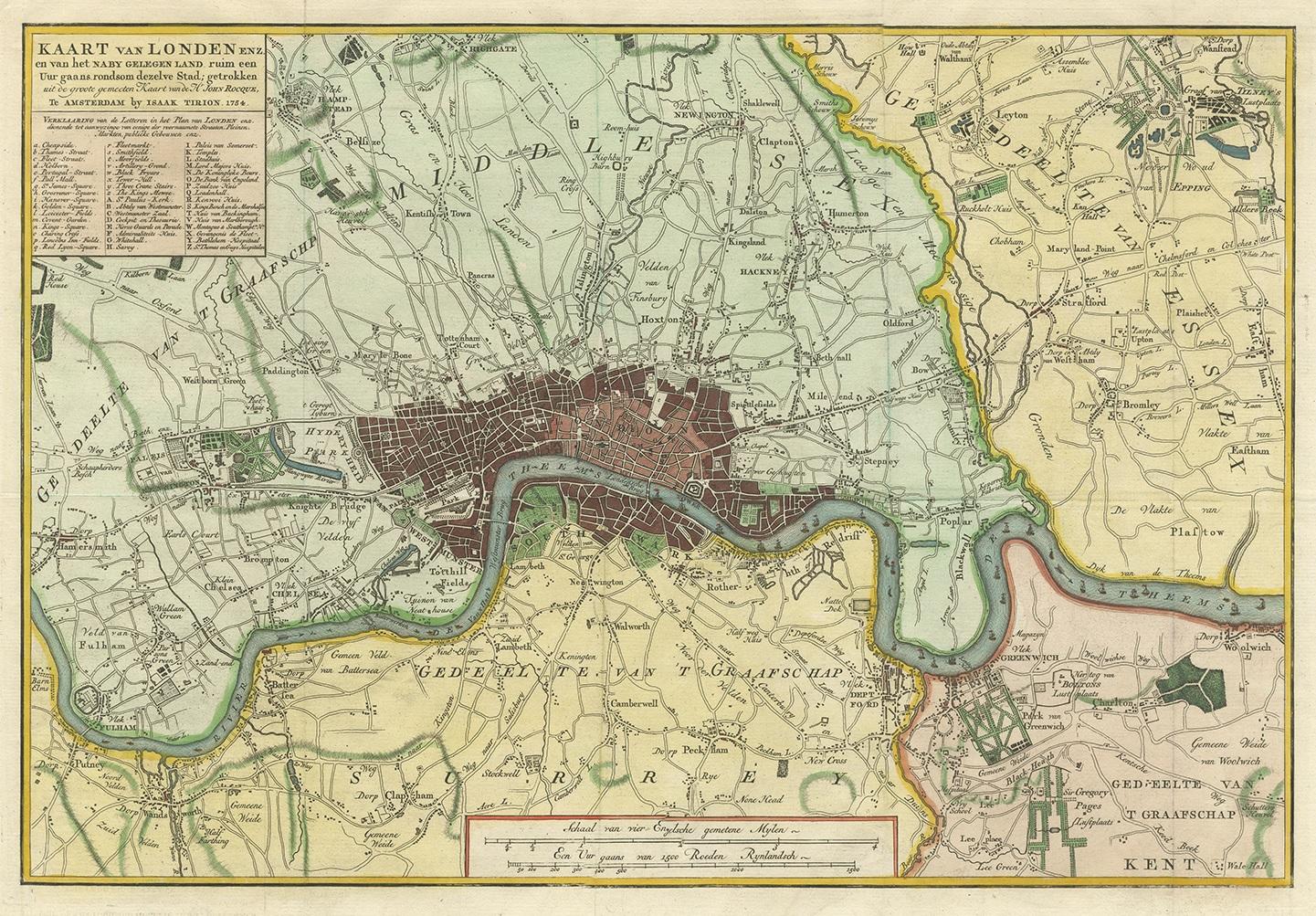 Antique map titled 'Kaart van Londen enz. en van het naby gelegen land ruim een Uur gaans rondsom dezelve Stad; getrokken uit de groote gemeeten Kaart van Hr. John Rocque'. In the second half of the 18th century, the introduction of turnpike roads