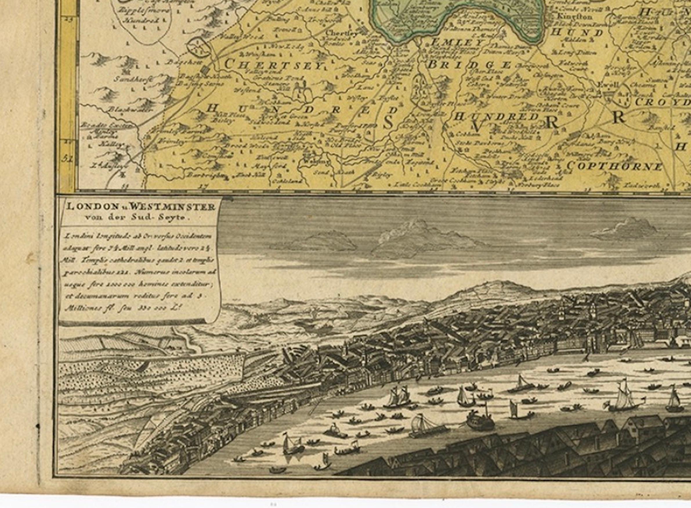 Antique Map of London Showing the Area from Essex to Surrey, England, 1741 In Good Condition For Sale In Langweer, NL