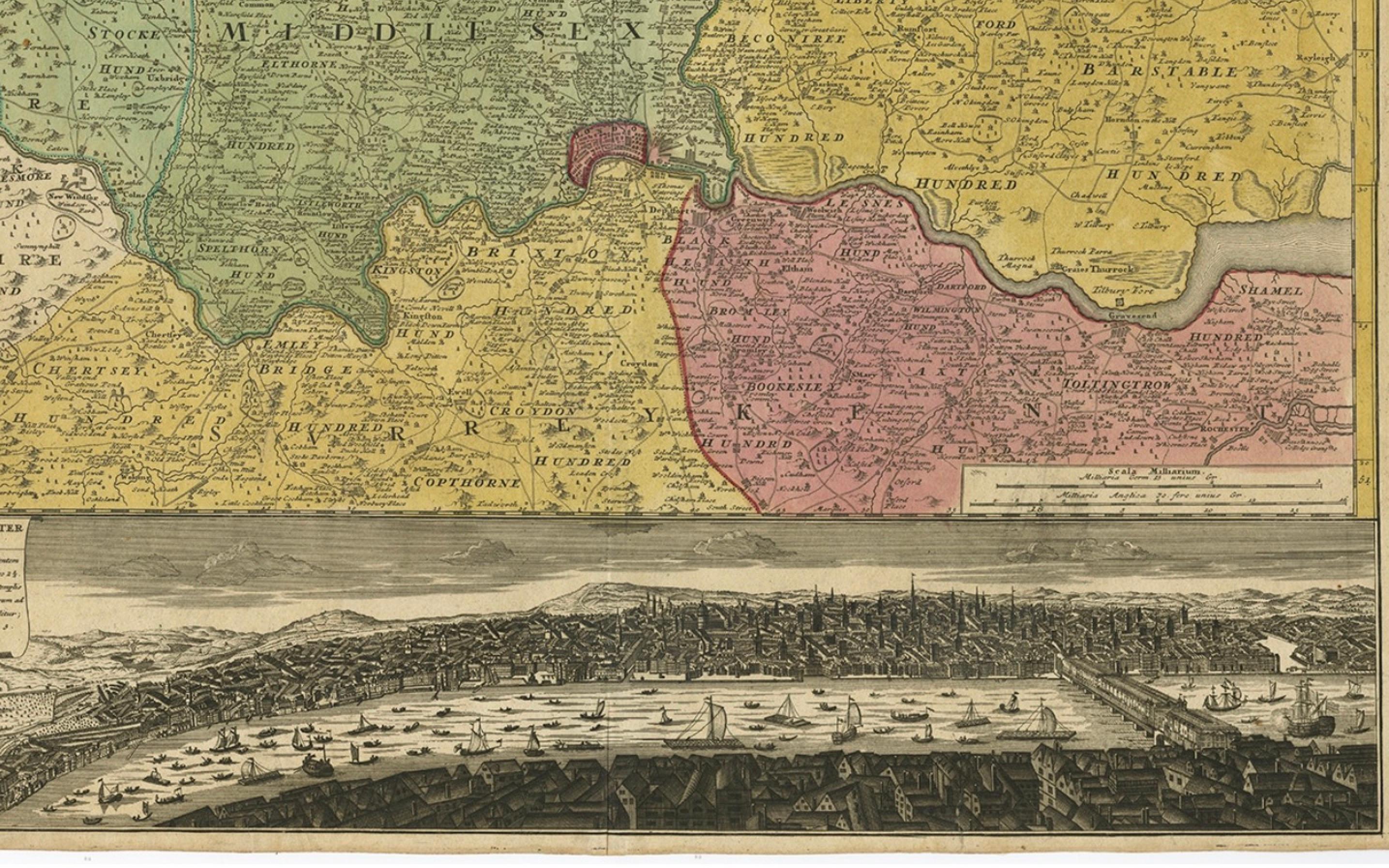 18th Century and Earlier Antique Map of London Showing the Area from Essex to Surrey, England, 1741 For Sale