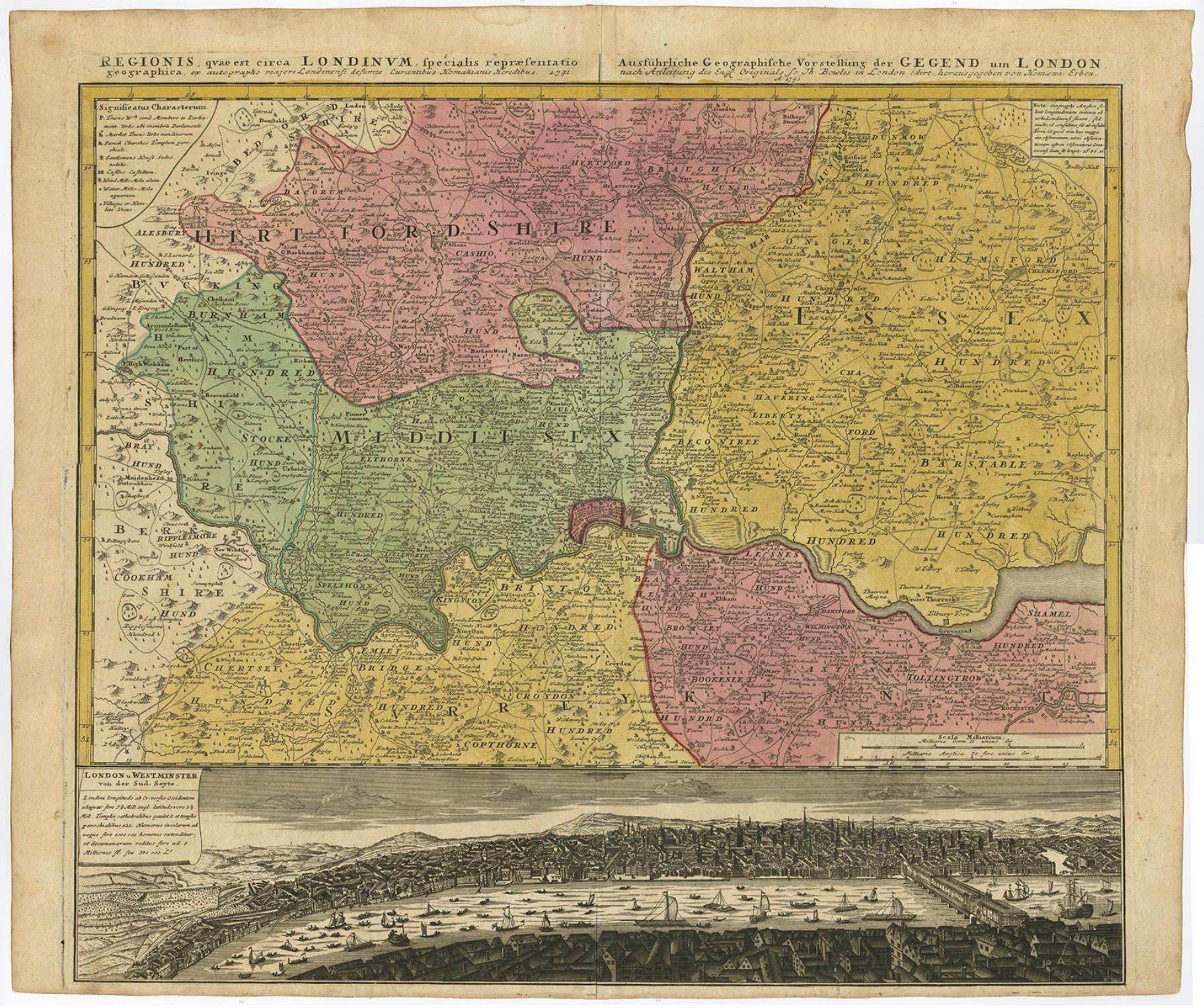 Paper Antique Map of London Showing the Area from Essex to Surrey, England, 1741 For Sale