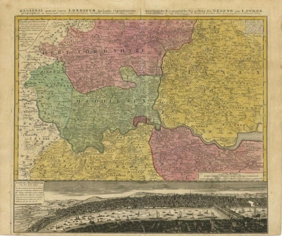 Antique Map of London Showing the Area from Essex to Surrey, England, 1741 For Sale 1