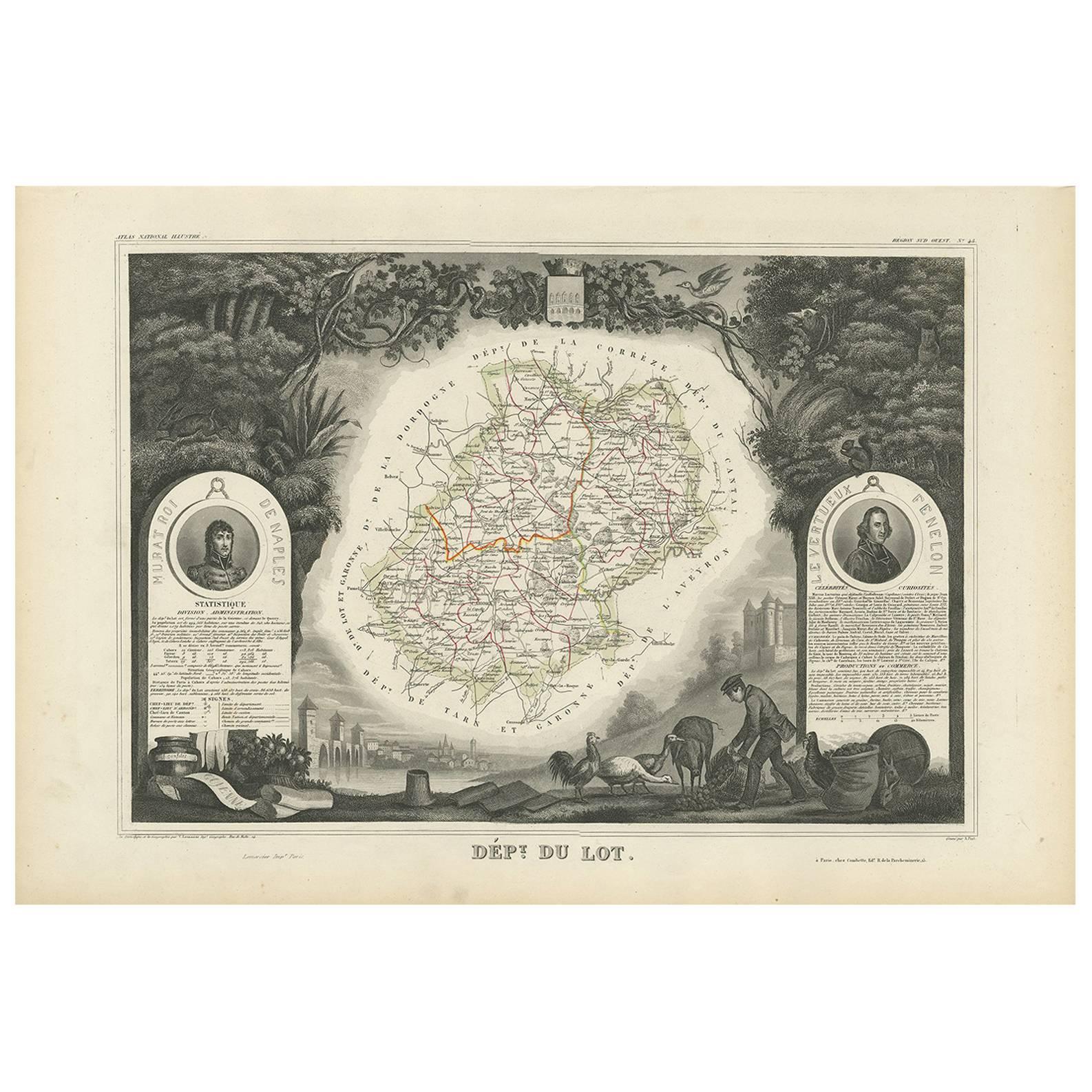 Antique Map of Lot ‘France’ by V. Levasseur, 1854 For Sale