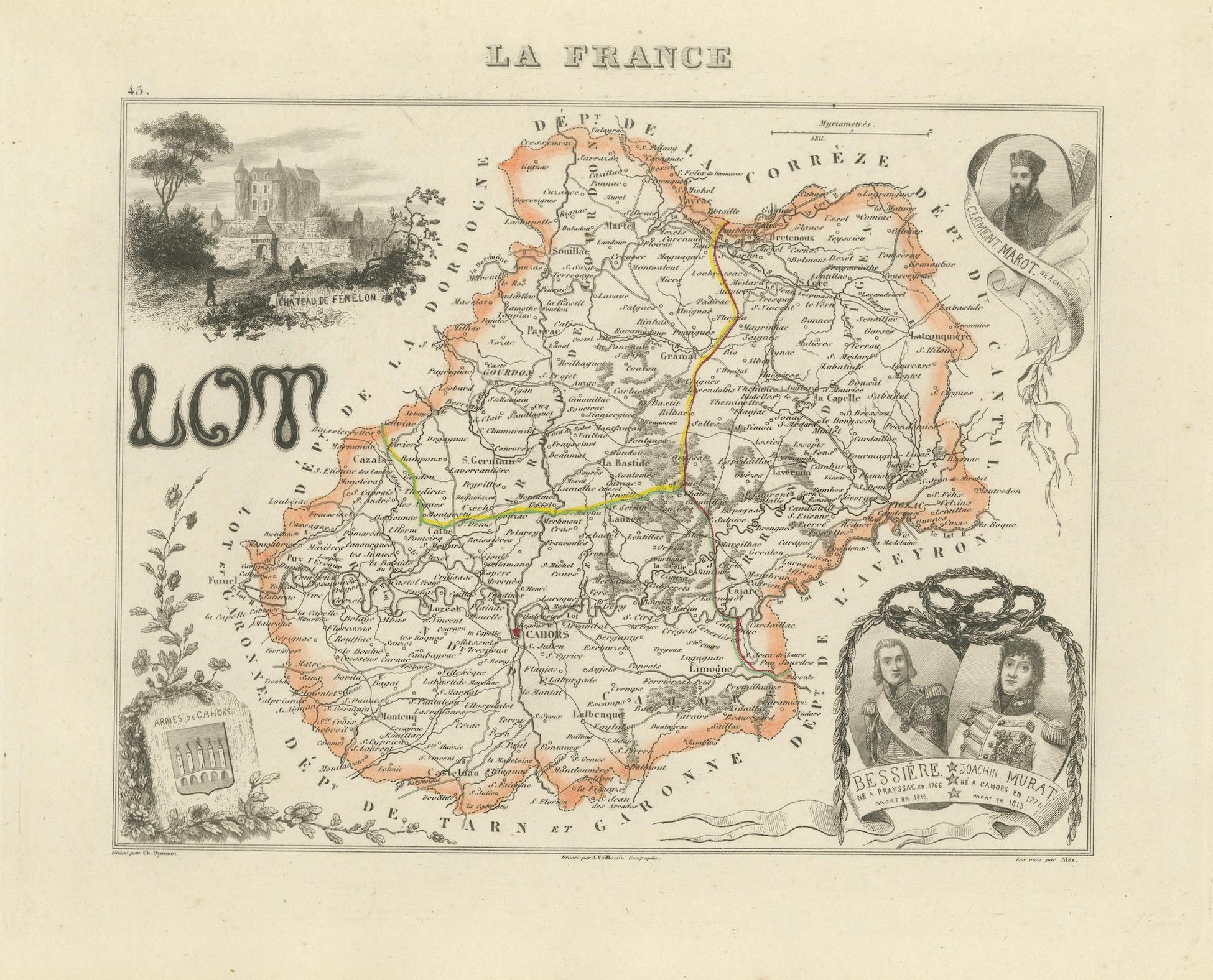 Carte ancienne du Lot, France - Gravure coloriée à la main par Vuillemin, c.1850

Cette magnifique carte gravée du 19e siècle du département français du Lot a été créée par le célèbre cartographe français Alexandre Vuillemin et publiée vers 1850 à