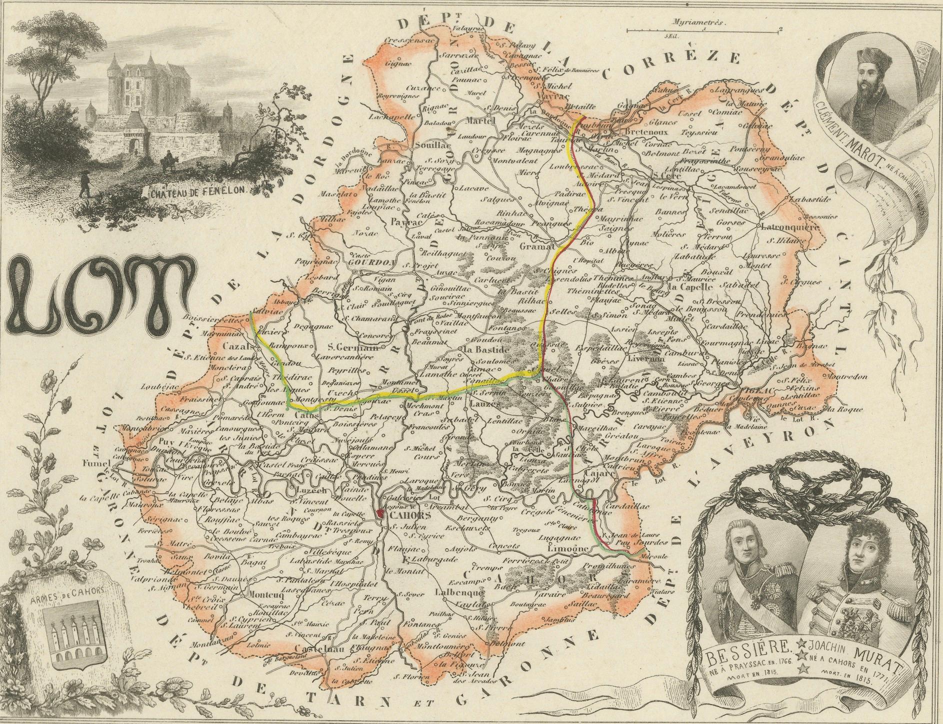Français Carte ancienne du Lot, France - Gravure coloriée à la main par Vuillemin, c.1850 en vente
