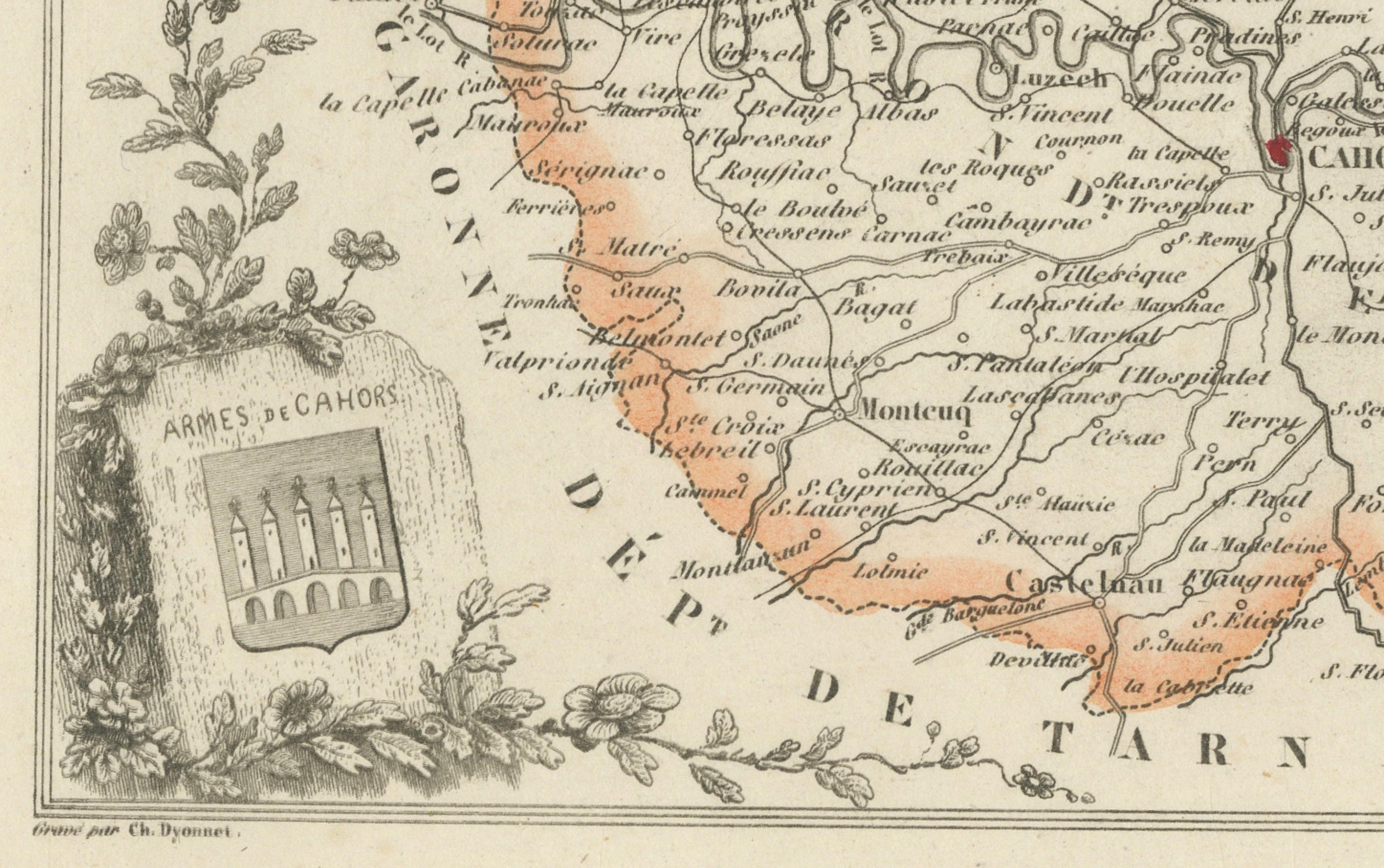 Carte ancienne du Lot, France - Gravure coloriée à la main par Vuillemin, c.1850 Bon état - En vente à Langweer, NL