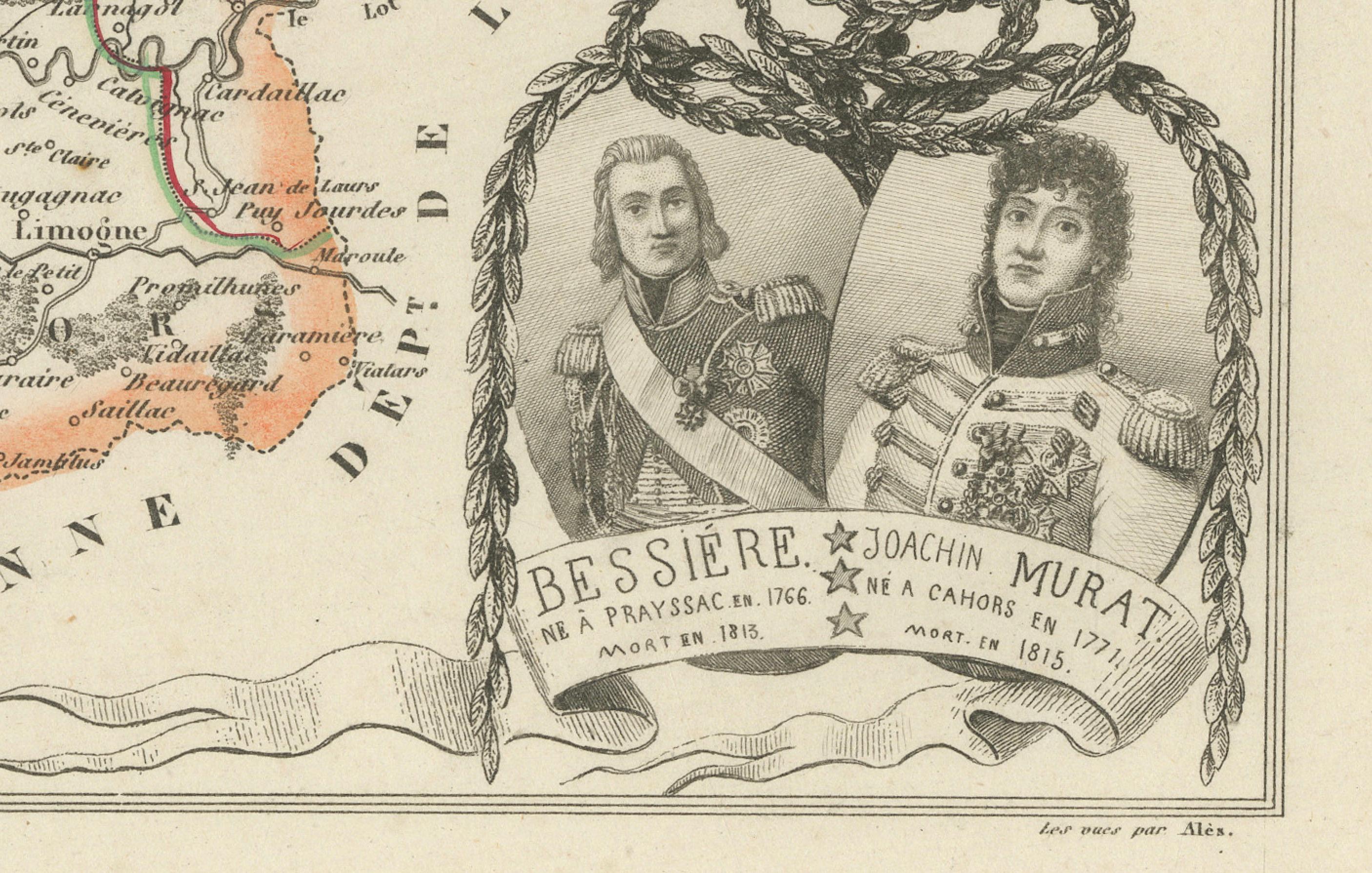 XIXe siècle Carte ancienne du Lot, France - Gravure coloriée à la main par Vuillemin, c.1850 en vente