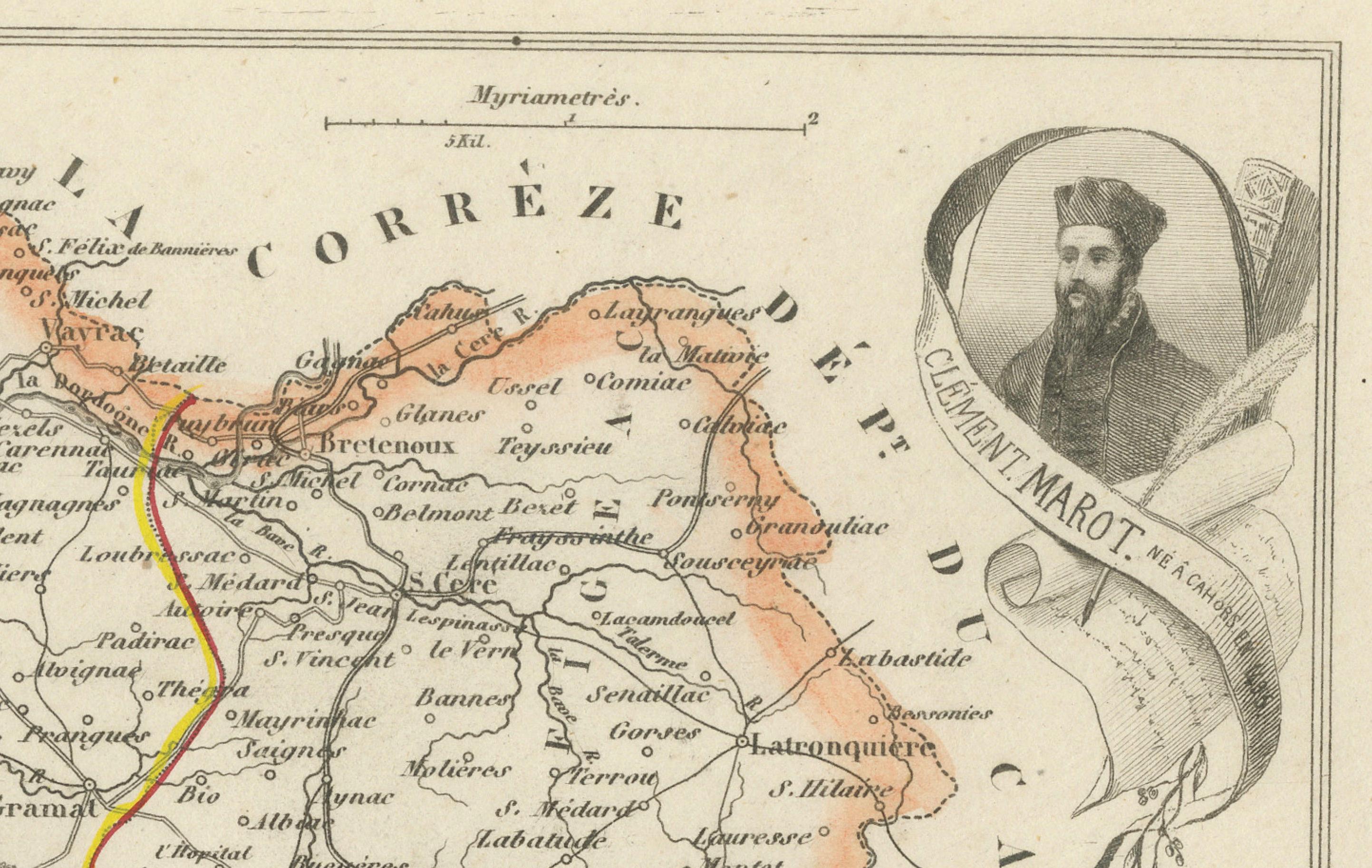 Papier Carte ancienne du Lot, France - Gravure coloriée à la main par Vuillemin, c.1850 en vente