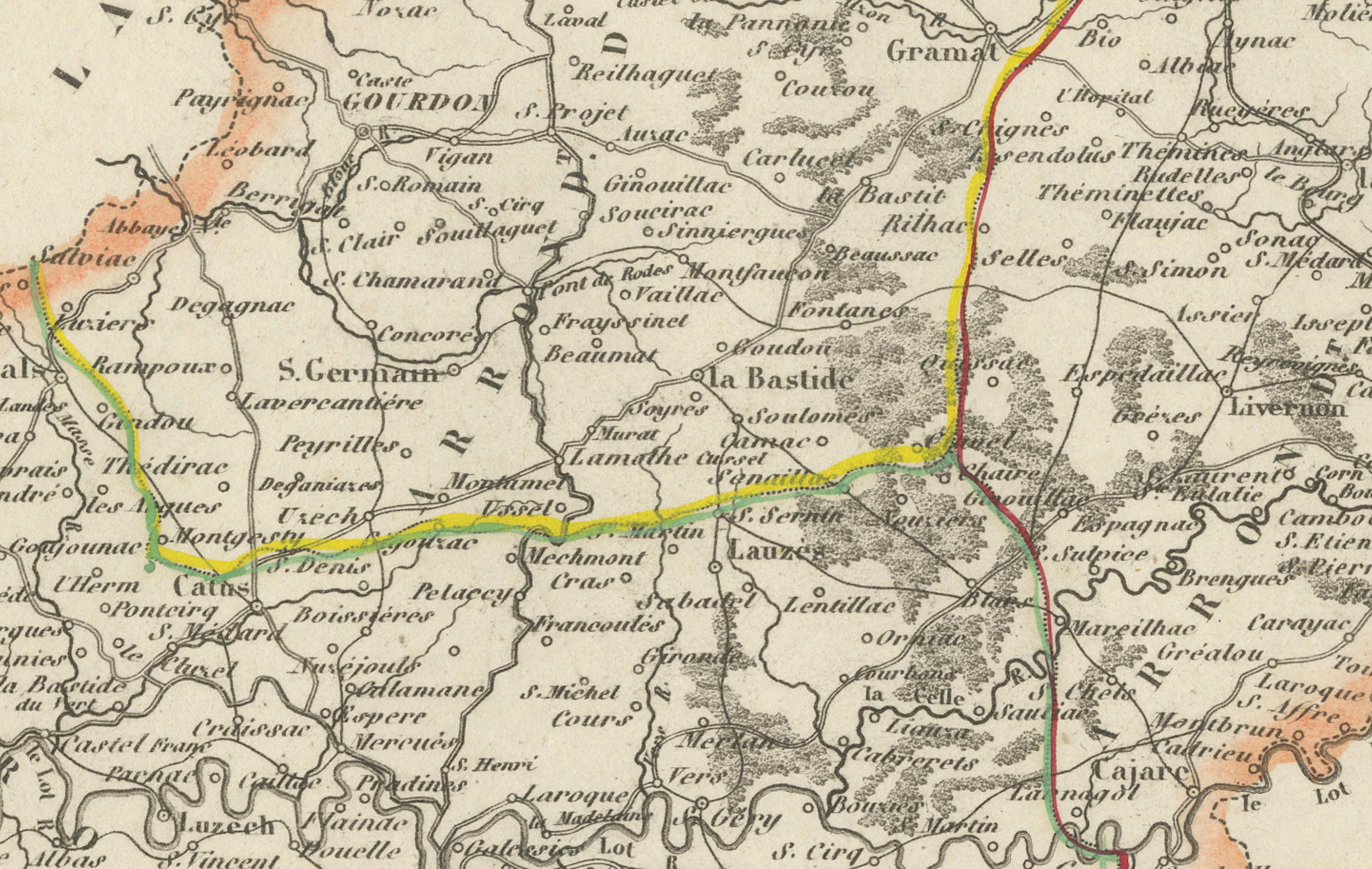 Carte ancienne du Lot, France - Gravure coloriée à la main par Vuillemin, c.1850 en vente 1