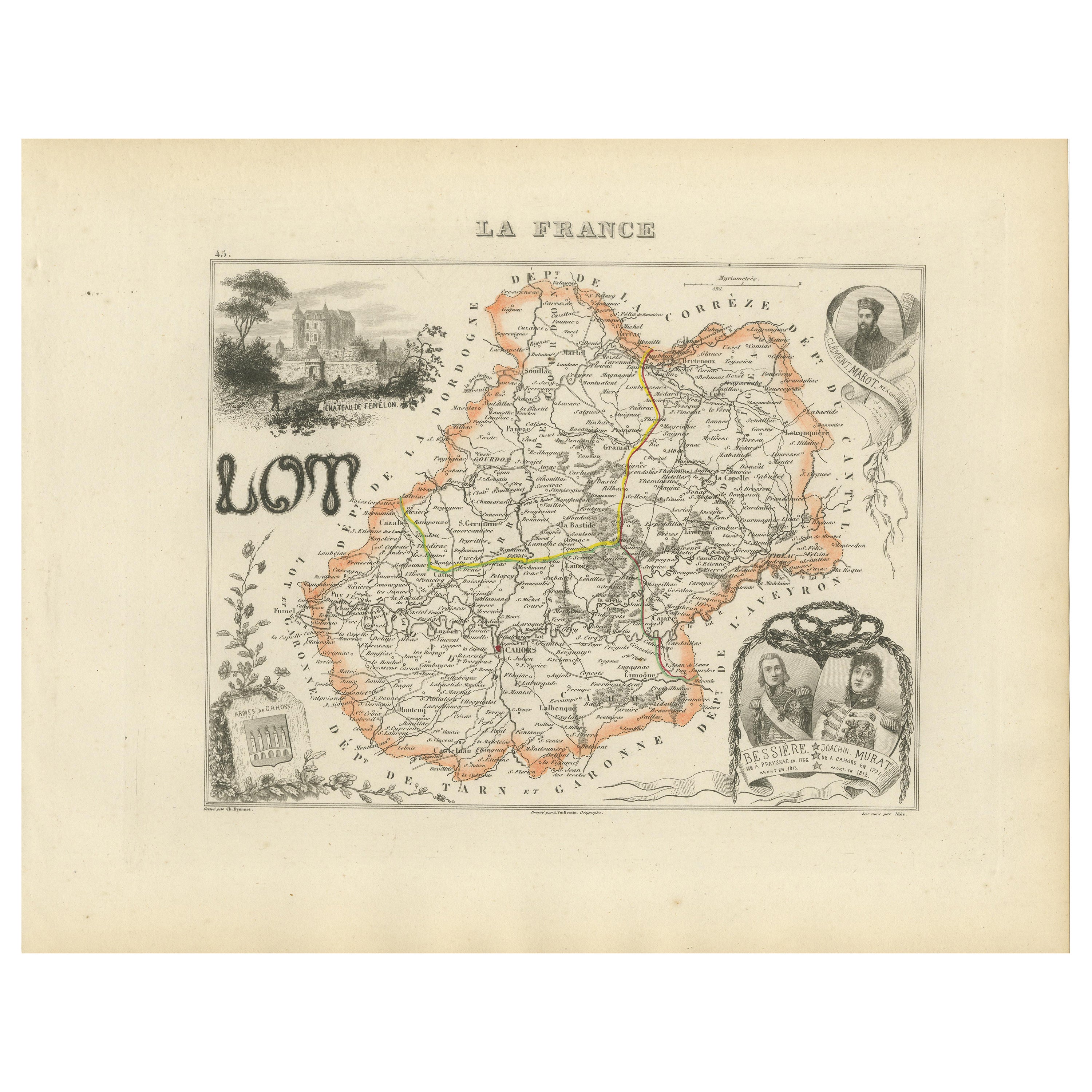 Carte ancienne du Lot, France - Gravure coloriée à la main par Vuillemin, c.1850 en vente