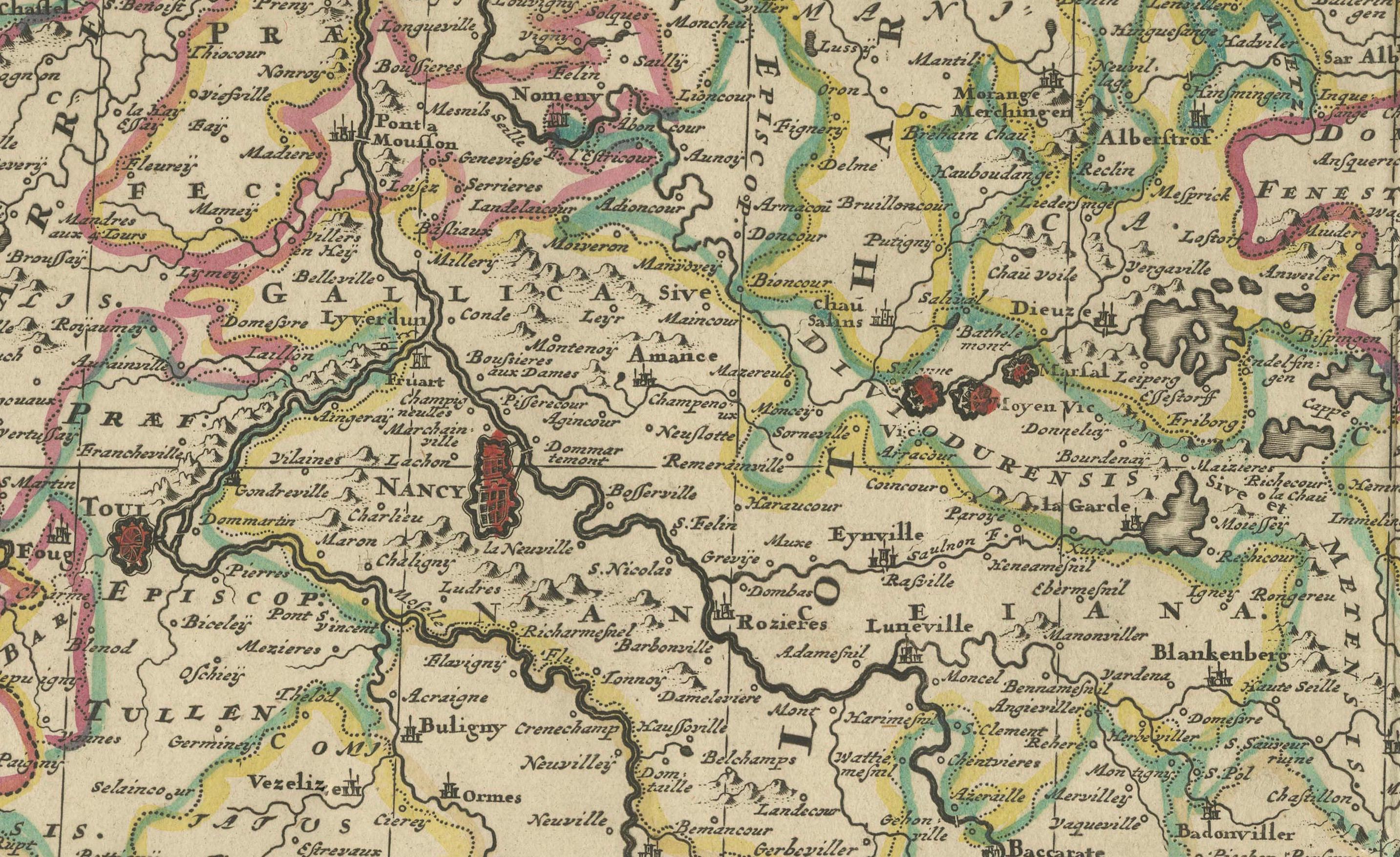 Mapa antiguo de Lotaringia (Lorena) por Theodorus Danckerts hacia 1700 Coloreado a mano  

Este mapa antiguo de Lotaringia, actualmente la región de Lorena en el noreste de Francia, fue creado por el cartógrafo holandés Theodorus Danckerts hacia