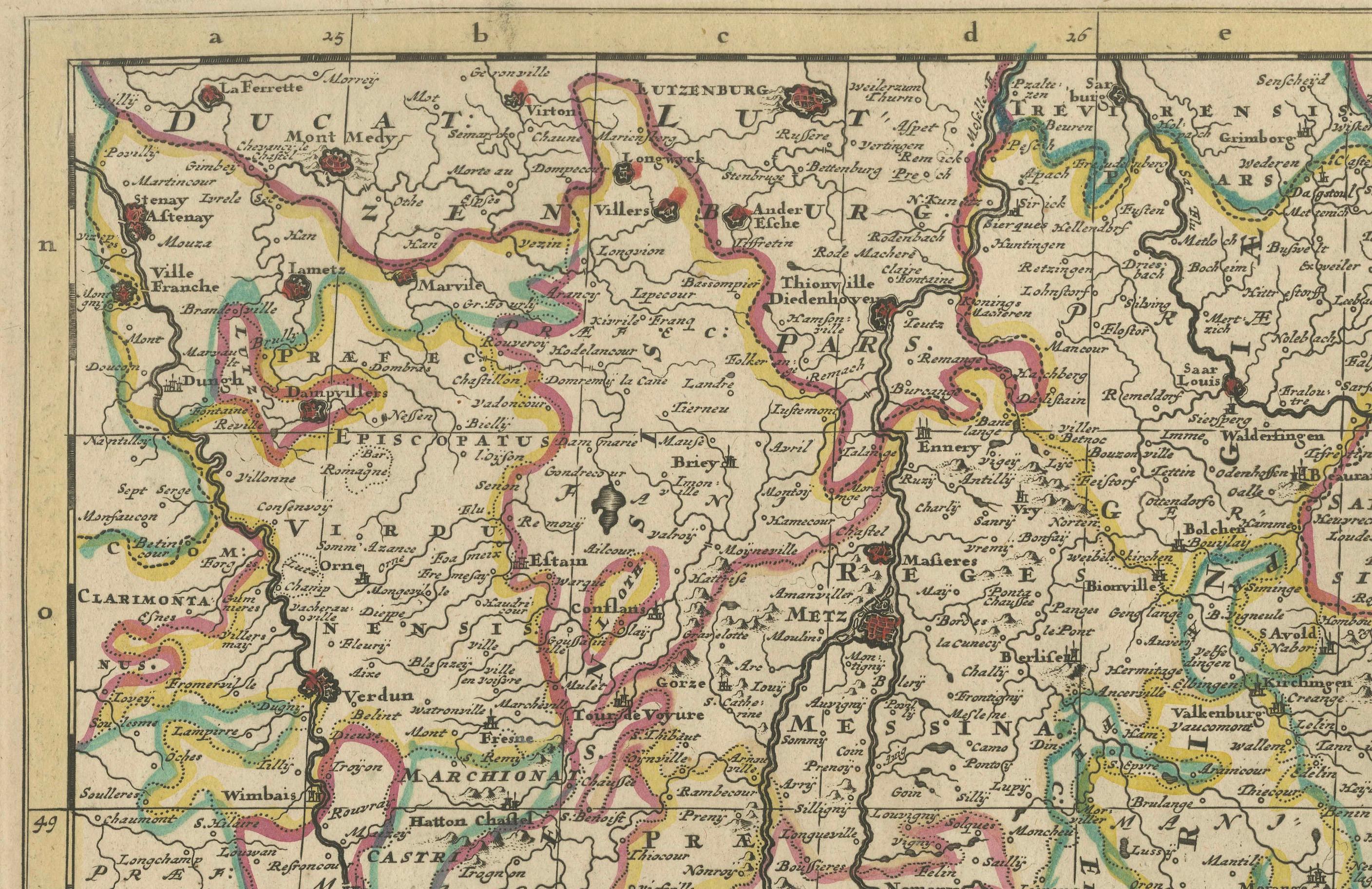 Mapa antiguo de Lotaringia (Lorena) por Danckerts, c. 1700 - Coloreado a mano Papel en venta