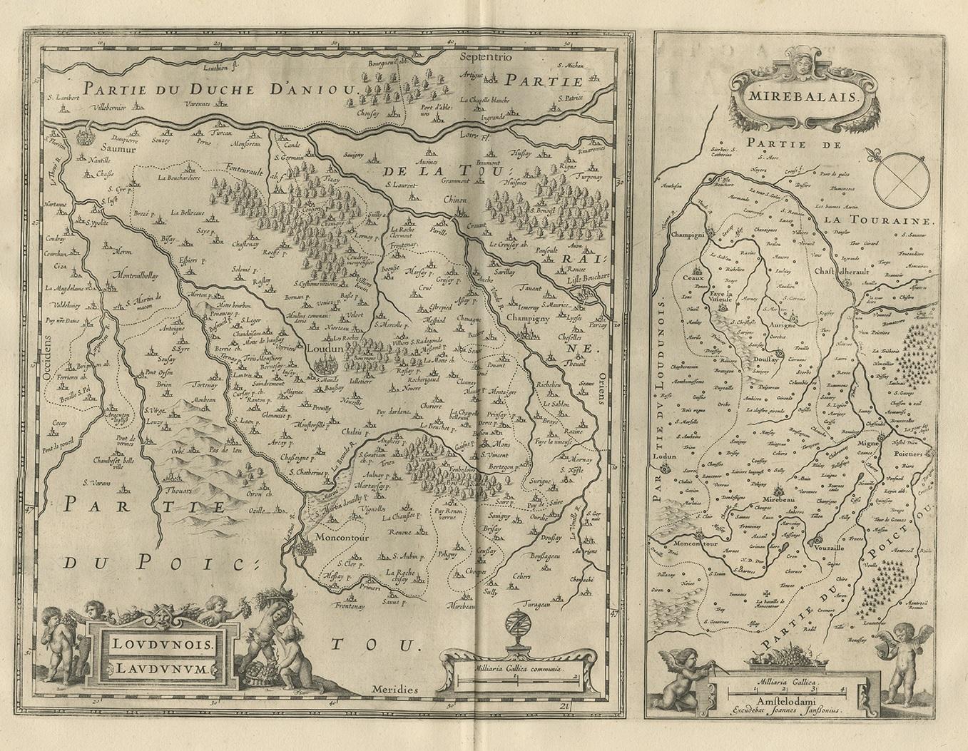 Antike Karte 'Loudunois Laudunum - Mirebalais'. Dekorative Karte der Region von Loudun und Mirebeau. Diese Karte stammt aus dem 
