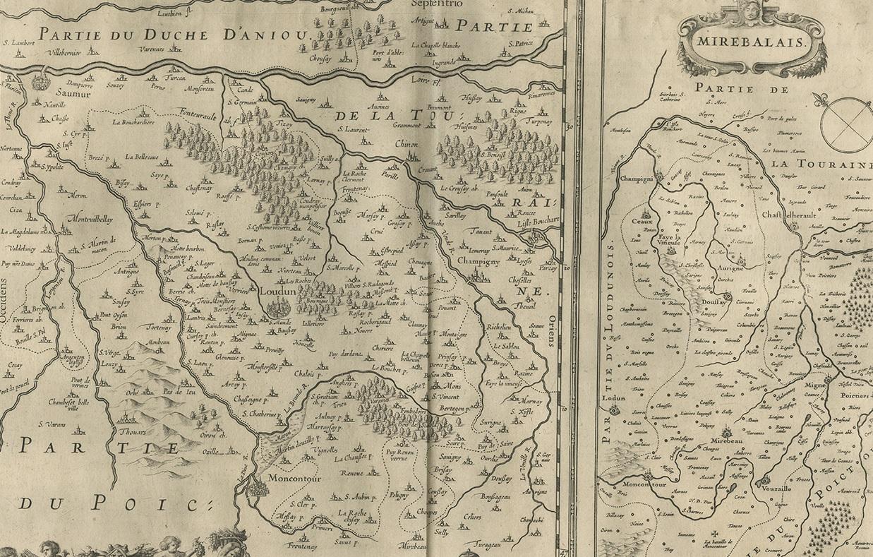 Antike Karte von Loudun und Mirebeau von Janssonius '1657' im Zustand „Gut“ im Angebot in Langweer, NL