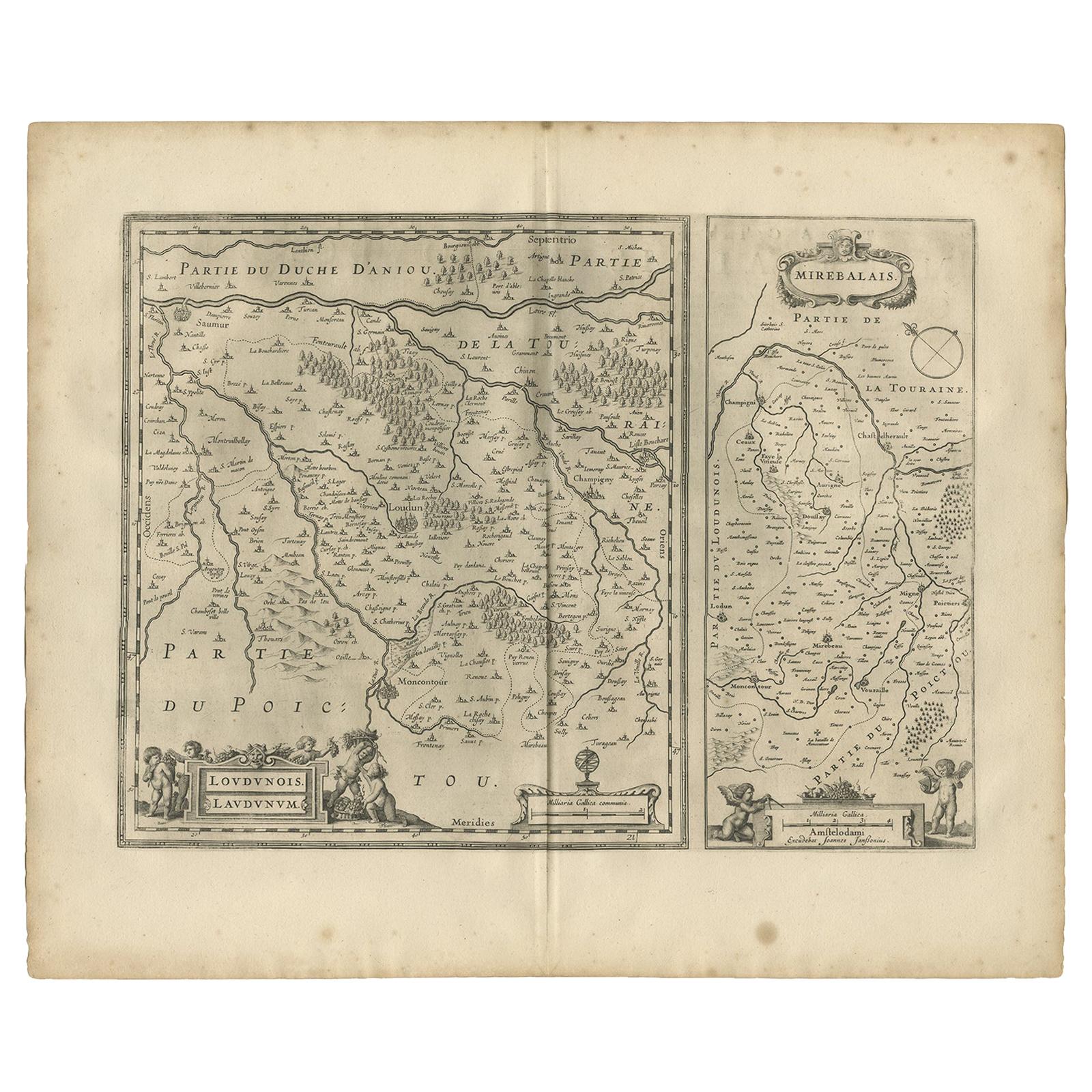 Antique Map of Loudun and Mirebeau by Janssonius '1657' For Sale