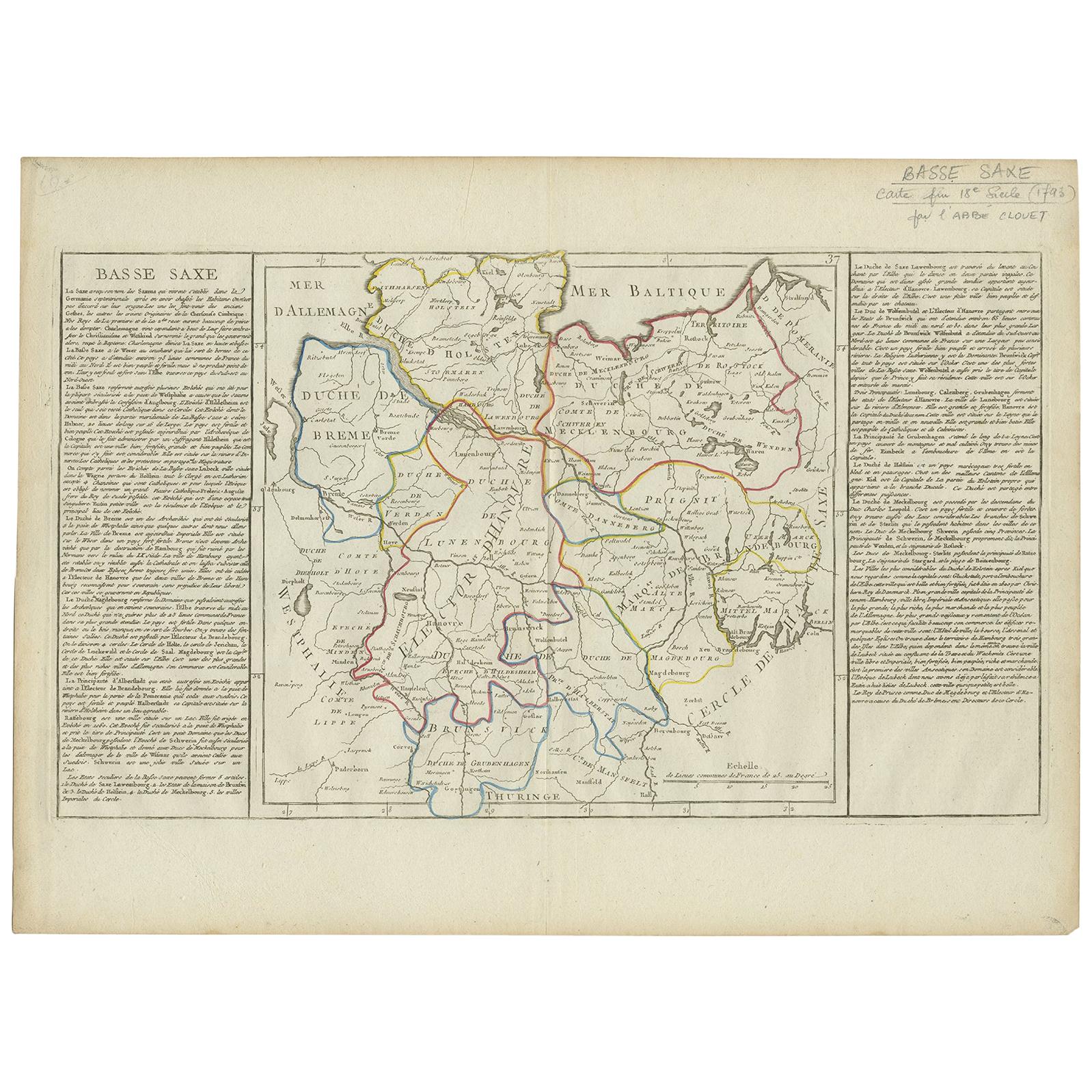 Antique Map of Lower Saxony by Clouet, 1787 For Sale
