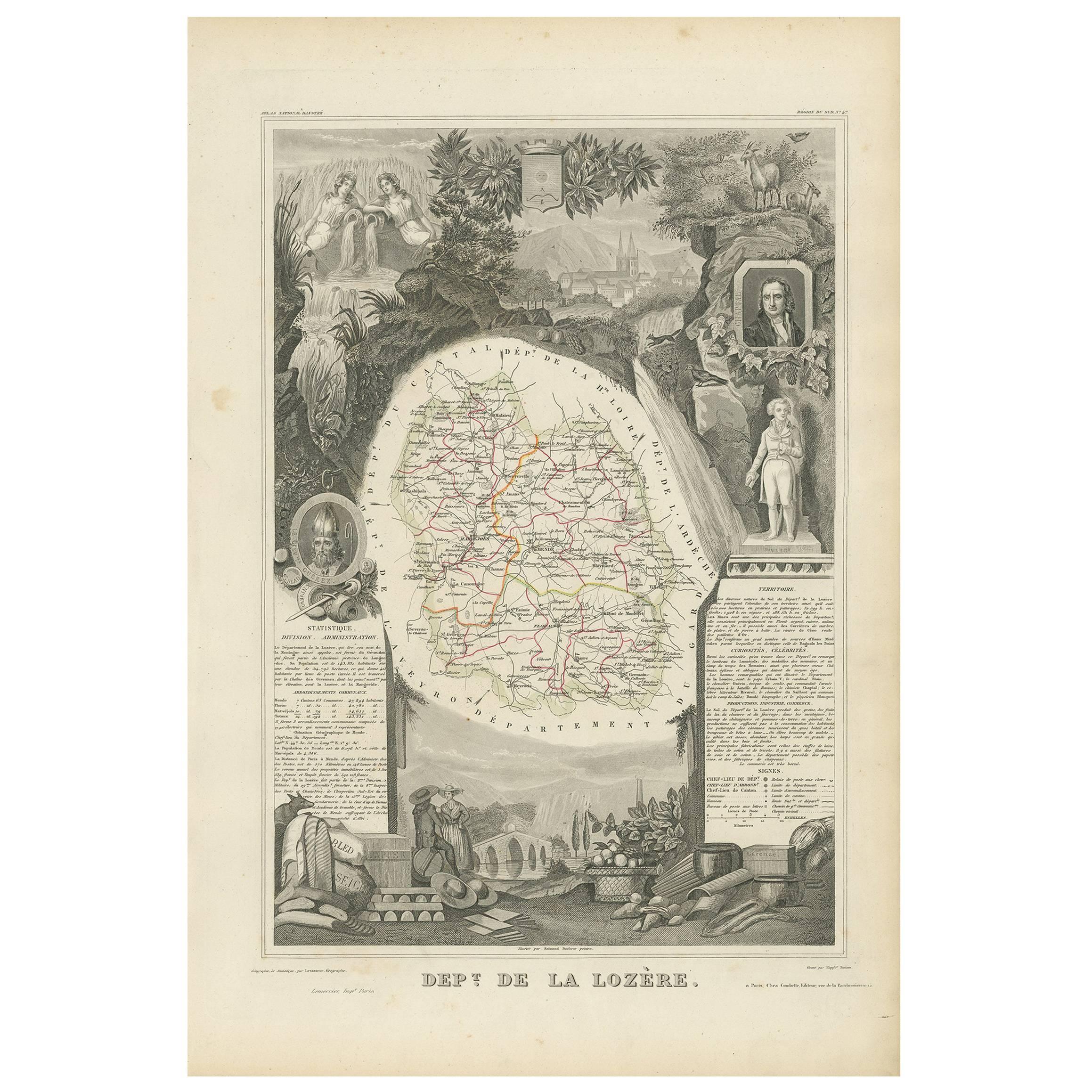 Antique Map of Lozère ‘France’ by V. Levasseur, 1854 For Sale