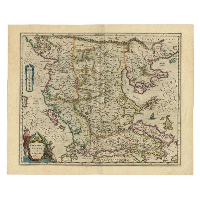 Mapa antiguo de Macedonia del famoso cartógrafo Blaeu, c.1650