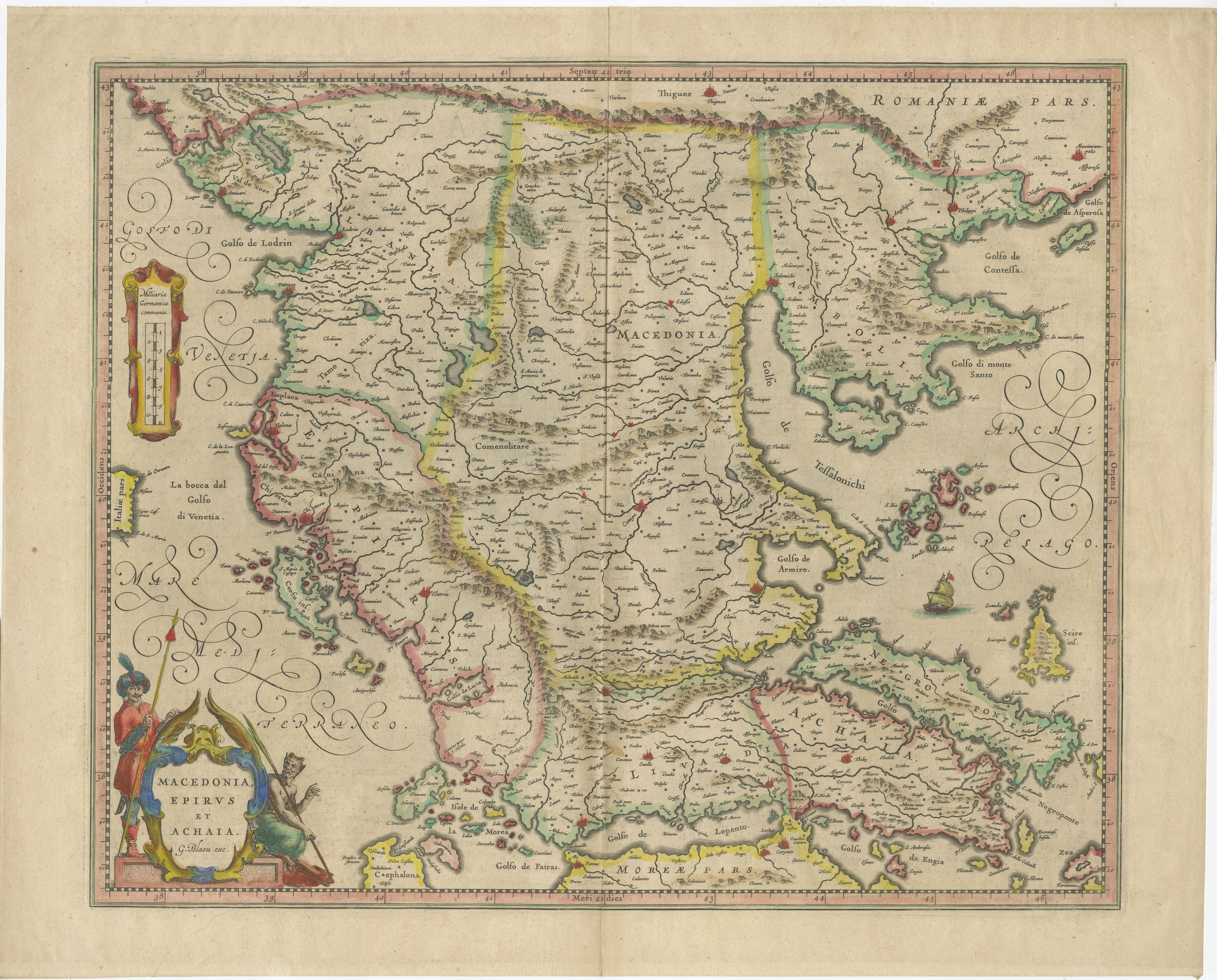 Antike Karte mit dem Titel 'Makedonien, Epirus und Achaia'. Originale alte Karte von Mazedonien, Nordgriechenland und einem Teil der Türkei in Europa. Veröffentlicht von W.J. Blaeu, um 1640. 

Willem Janszoon Blaeu (1571-1638) war ein bekannter