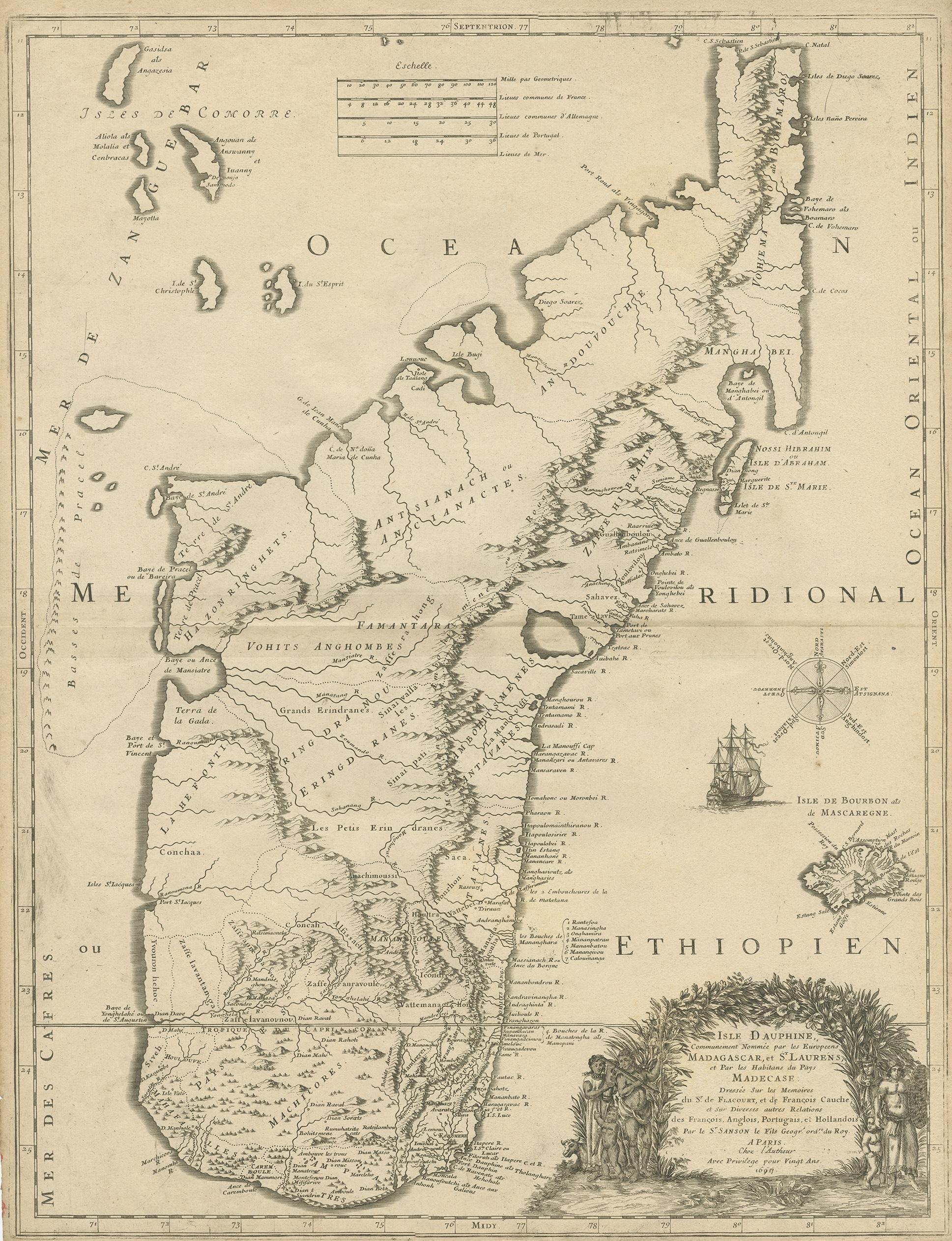 Antique map titled 'Isle Dauphine communement nommée par les Europeens Madagascar, et St. Laurens (..)'. Original large-scale antique map of Madagascar, Africa. Published by Pierre Mariette, circa 1670.