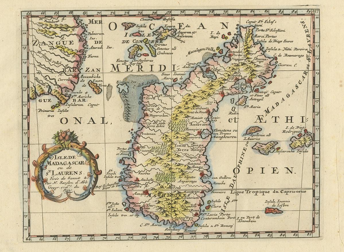 Carte ancienne intitulée 'Isle de Madagascar ou de St. Laurens. Tiree de Sanutu &c'. Carte ancienne de Madagascar, publiée pour la première fois par Sanson en 1657. Sanson indique que la source de sa carte est Livio Sanuto et d'autres. Livio Sanuto