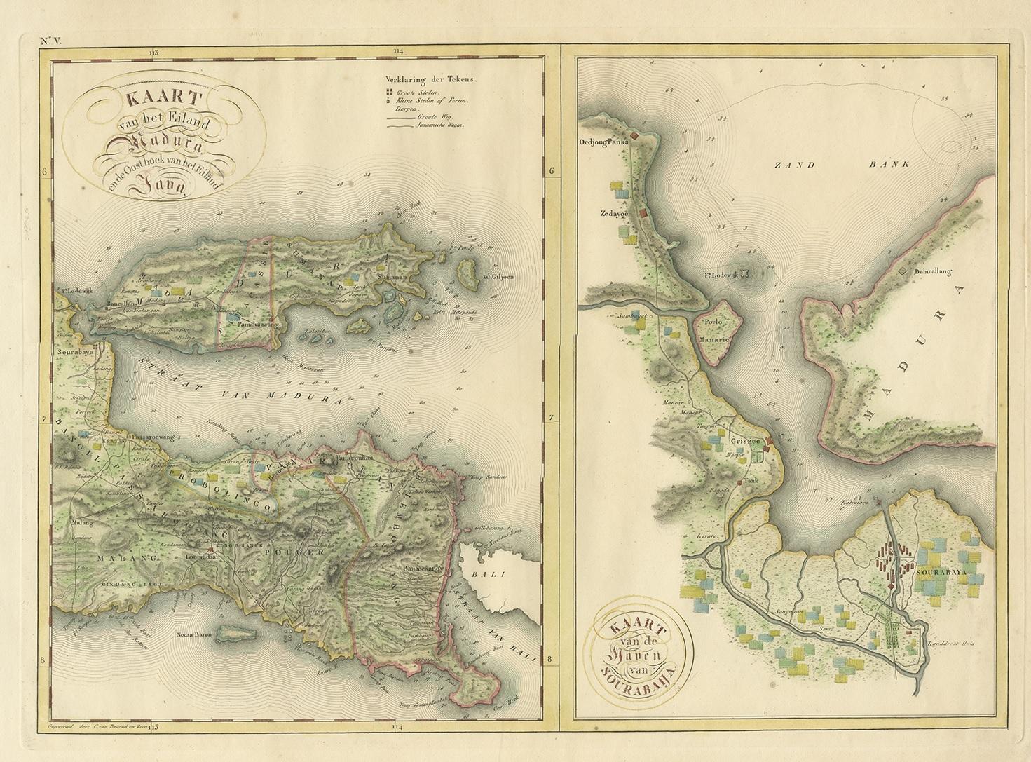 Two maps on one sheet titled 'Kaart van het Eiland Madura en de Oost hoek van het Eiland Java' and 'Kaart van de Haven van Sourabaija'. The left map shows East Java with the Island of Madura. The right map shows the harbour of Surabaya, the capital