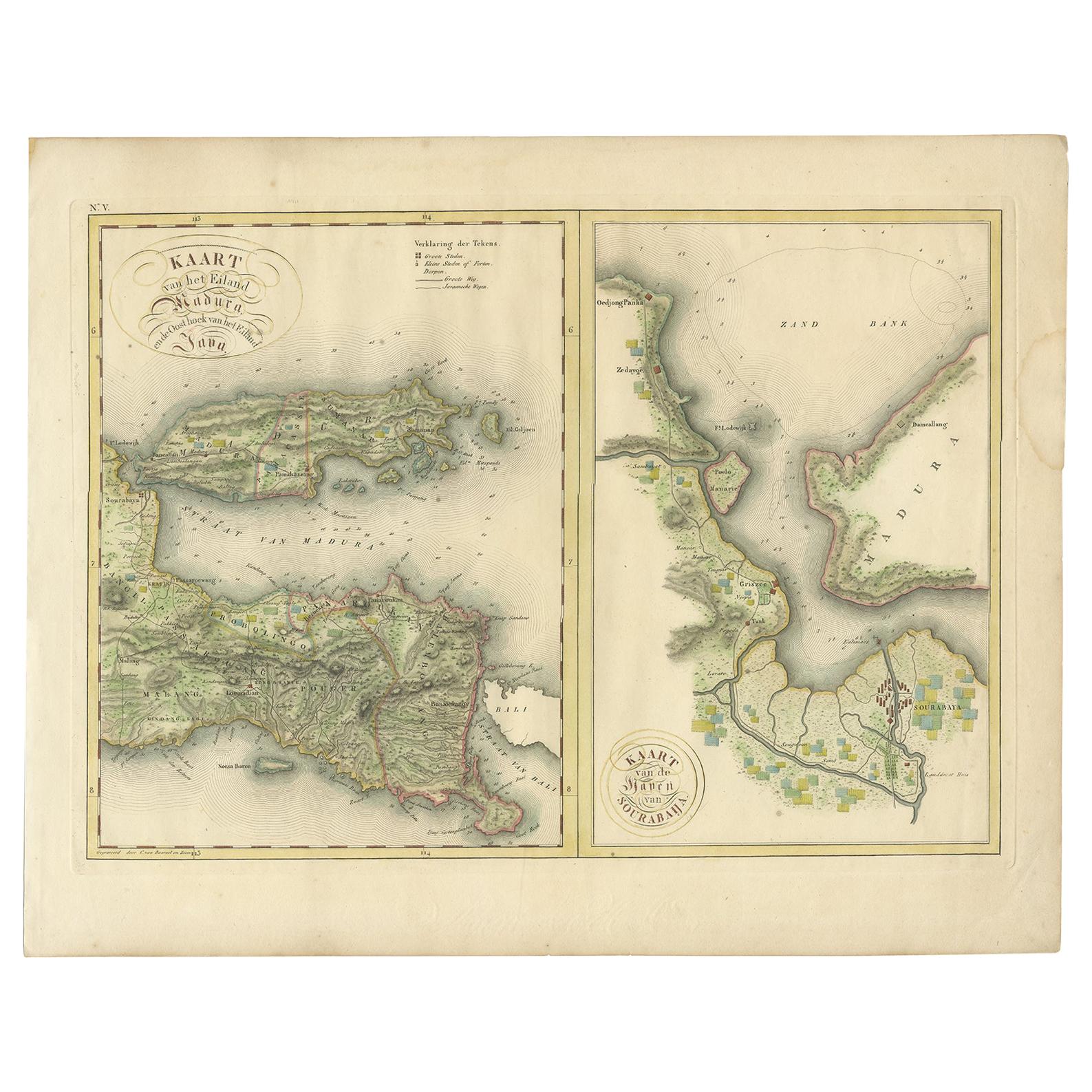 Antike Karte von Madura und Surabaya von Van den Bosch:: '1818'