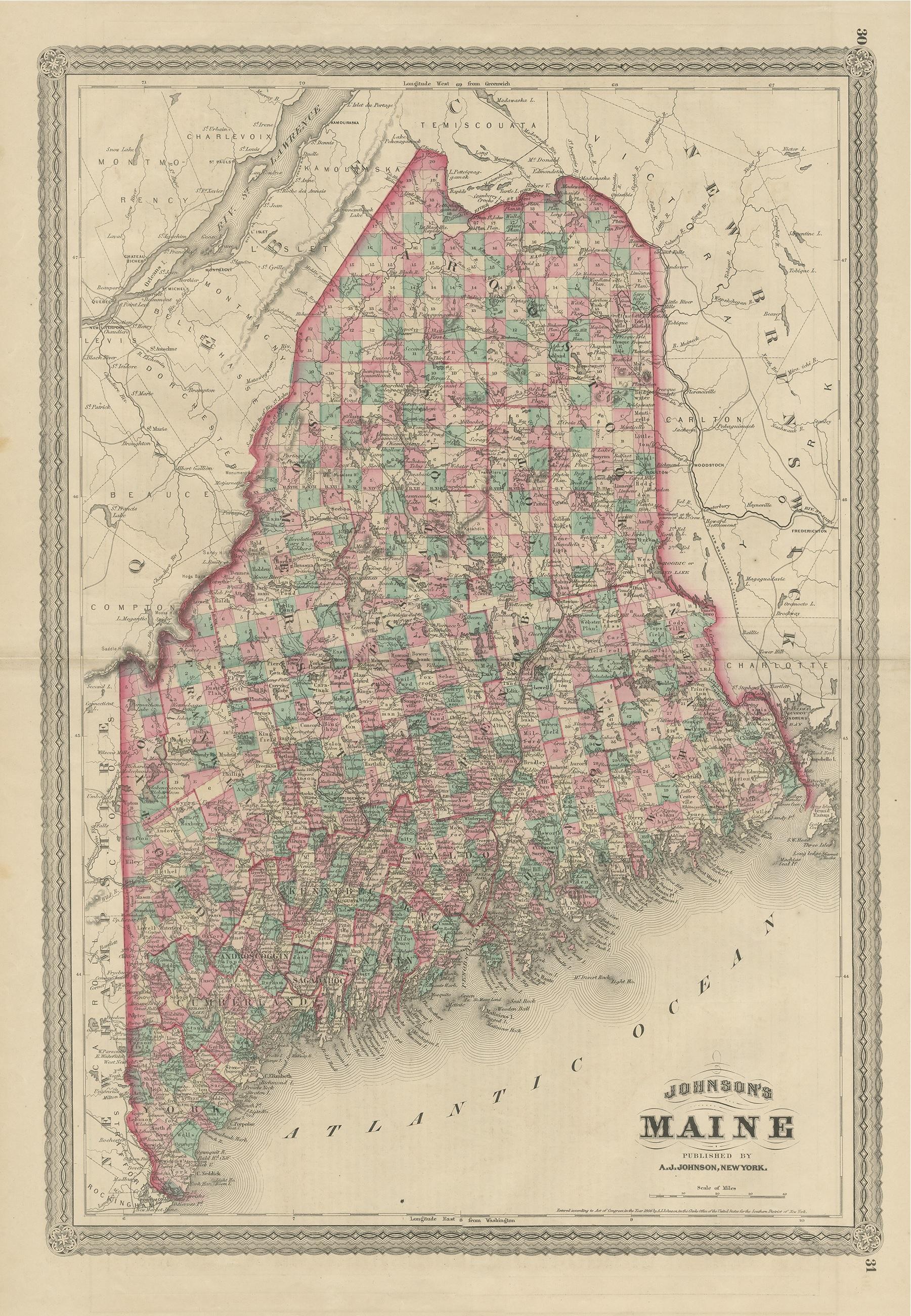 Antique map titled 'Johnson's Maine'. Original map of Maine. This print originates from 'Johnson's New Illustrated Family Atlas of the World' by A.J. Johnson. Published, 1872.