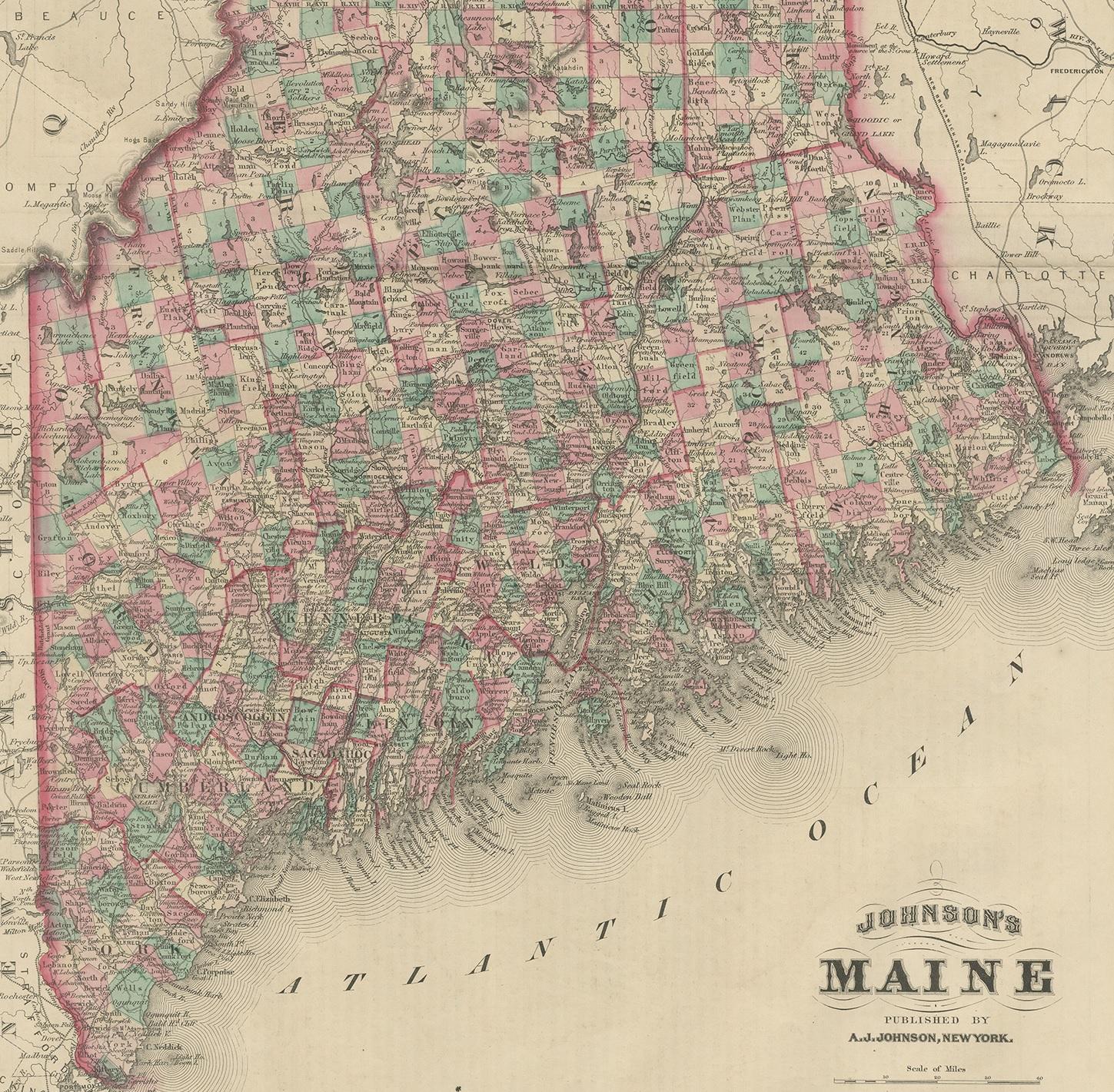 19th Century Antique Map of Maine by Johnson, 1872