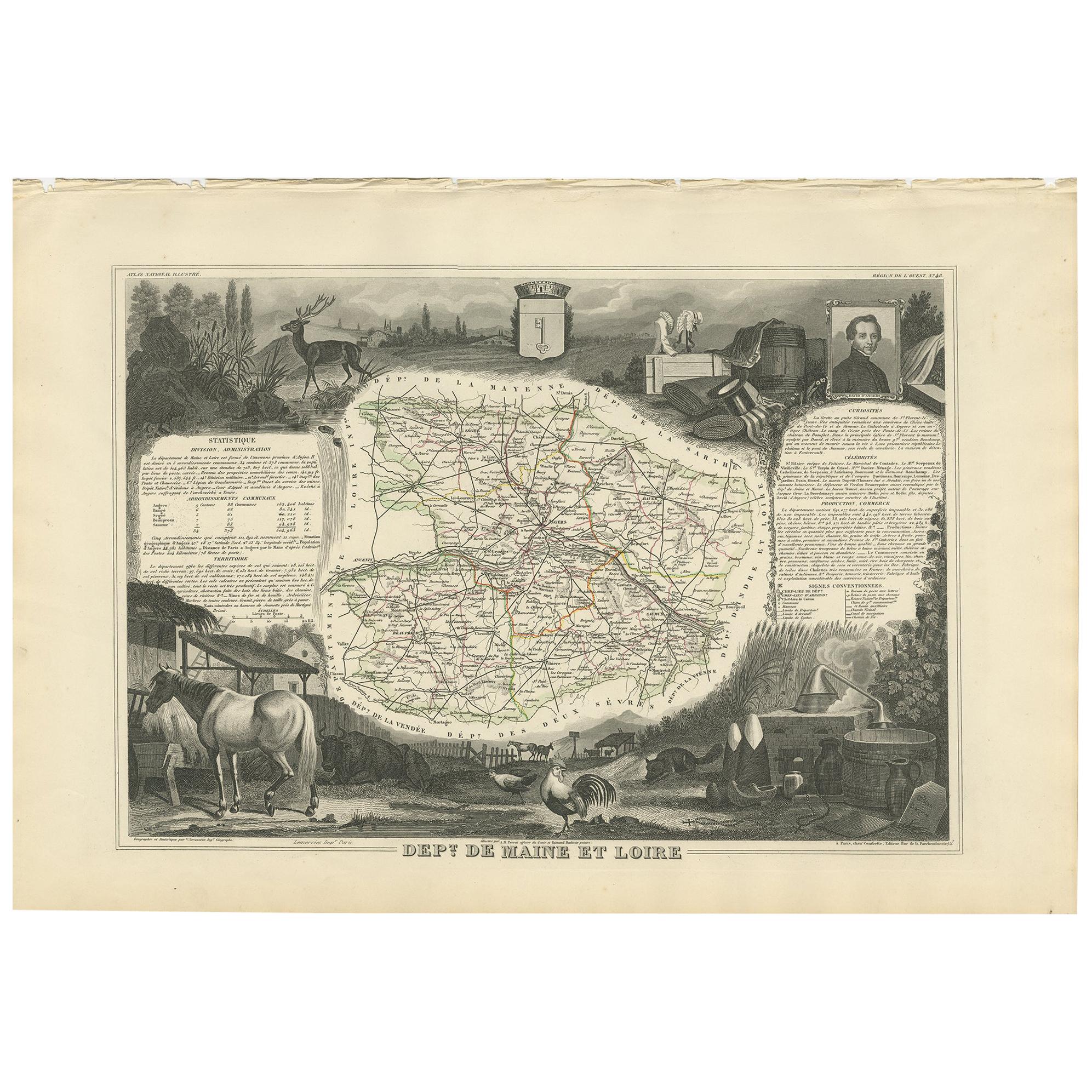 Antique Map of Maine et Loire ‘France’ by V. Levasseur, 1854 For Sale