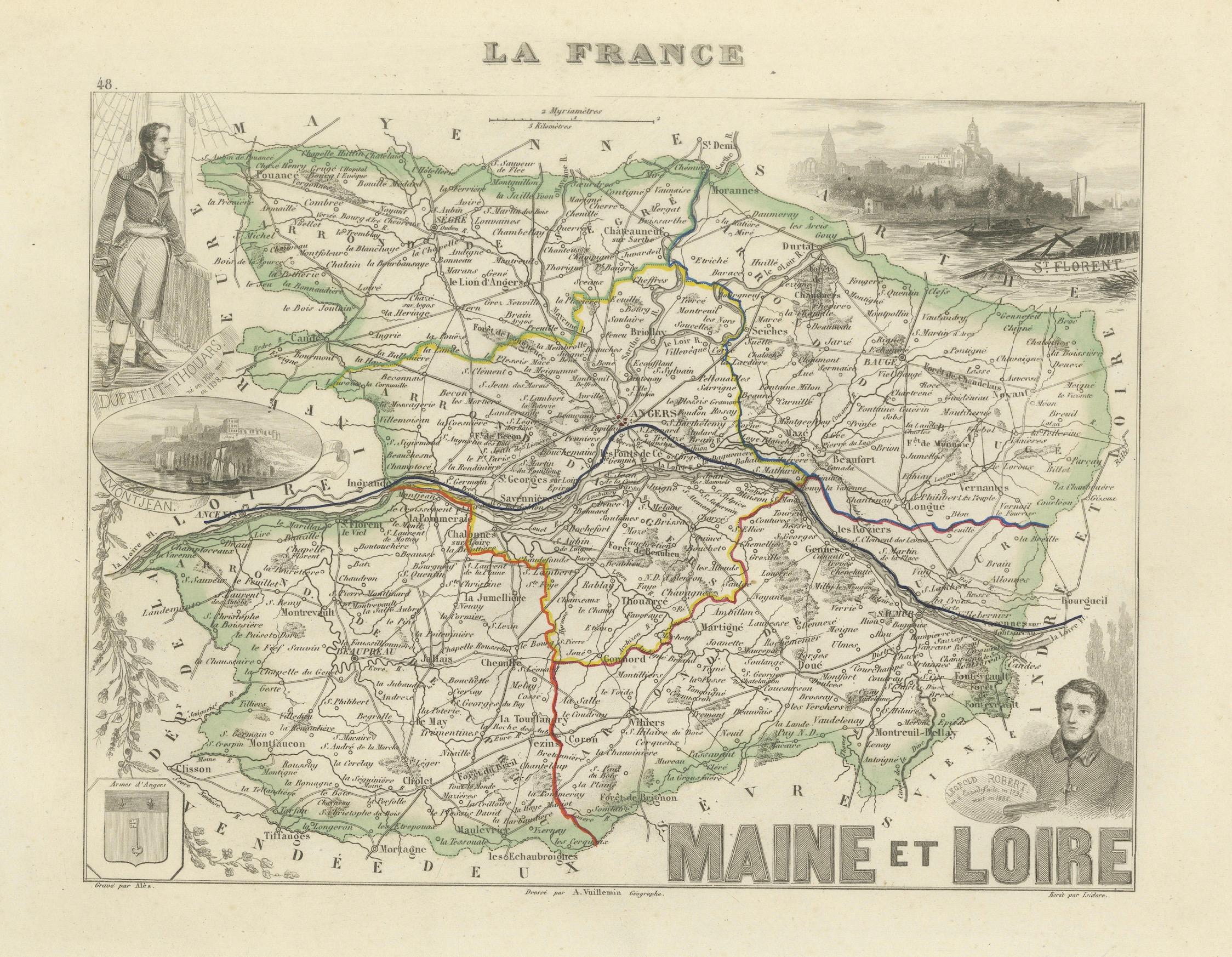 Carte ancienne du Maine-et-Loire avec illustrations - Vuillemin c.1850

Carte richement détaillée du département de Maine-et-Loire dans l'ouest de la France, gravée par A. Vuillemin et publiée vers 1850. Cette carte magnifiquement colorée à la main