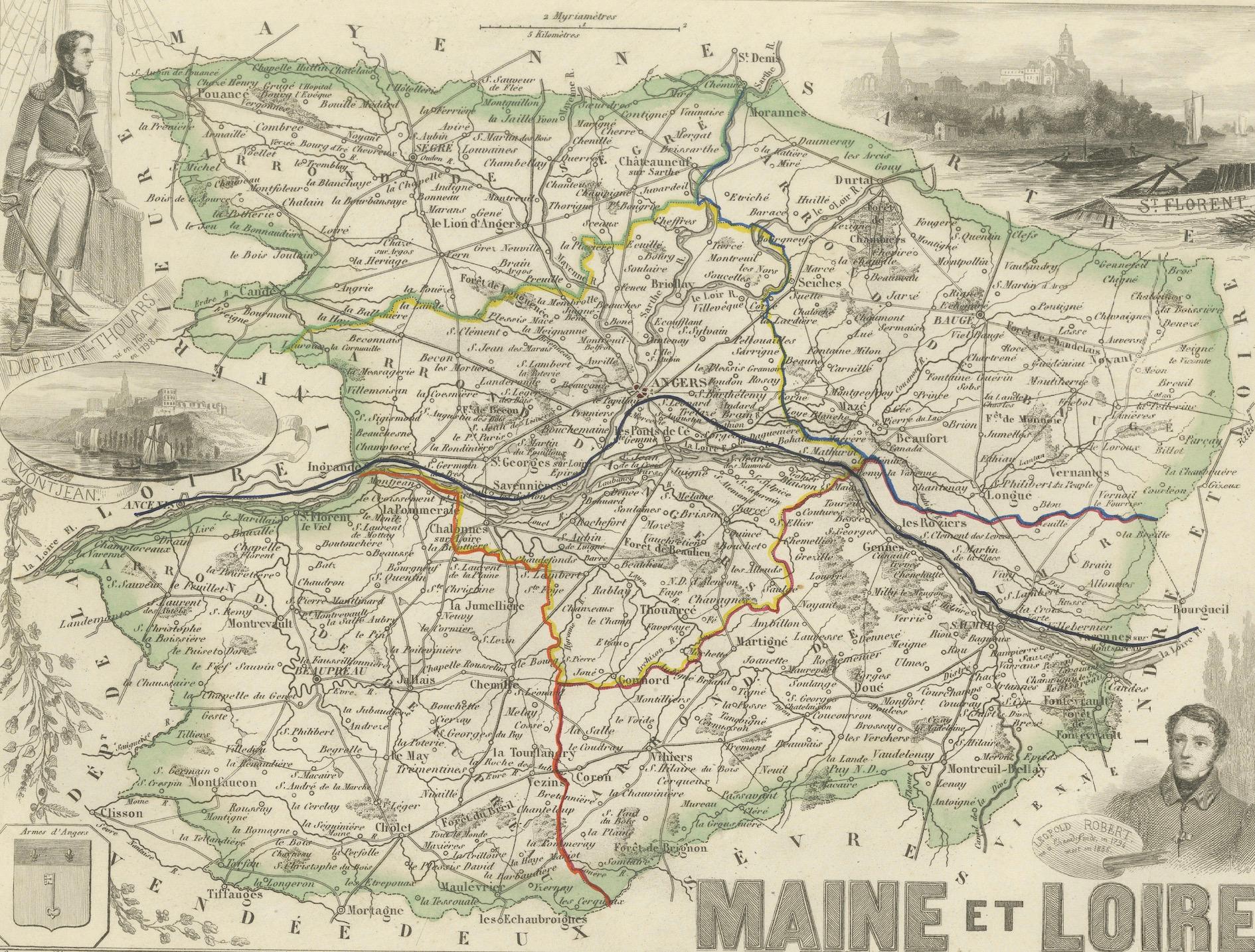 Français Carte ancienne du Maine-et-Loire avec illustrations - Vuillemin c.1850 en vente