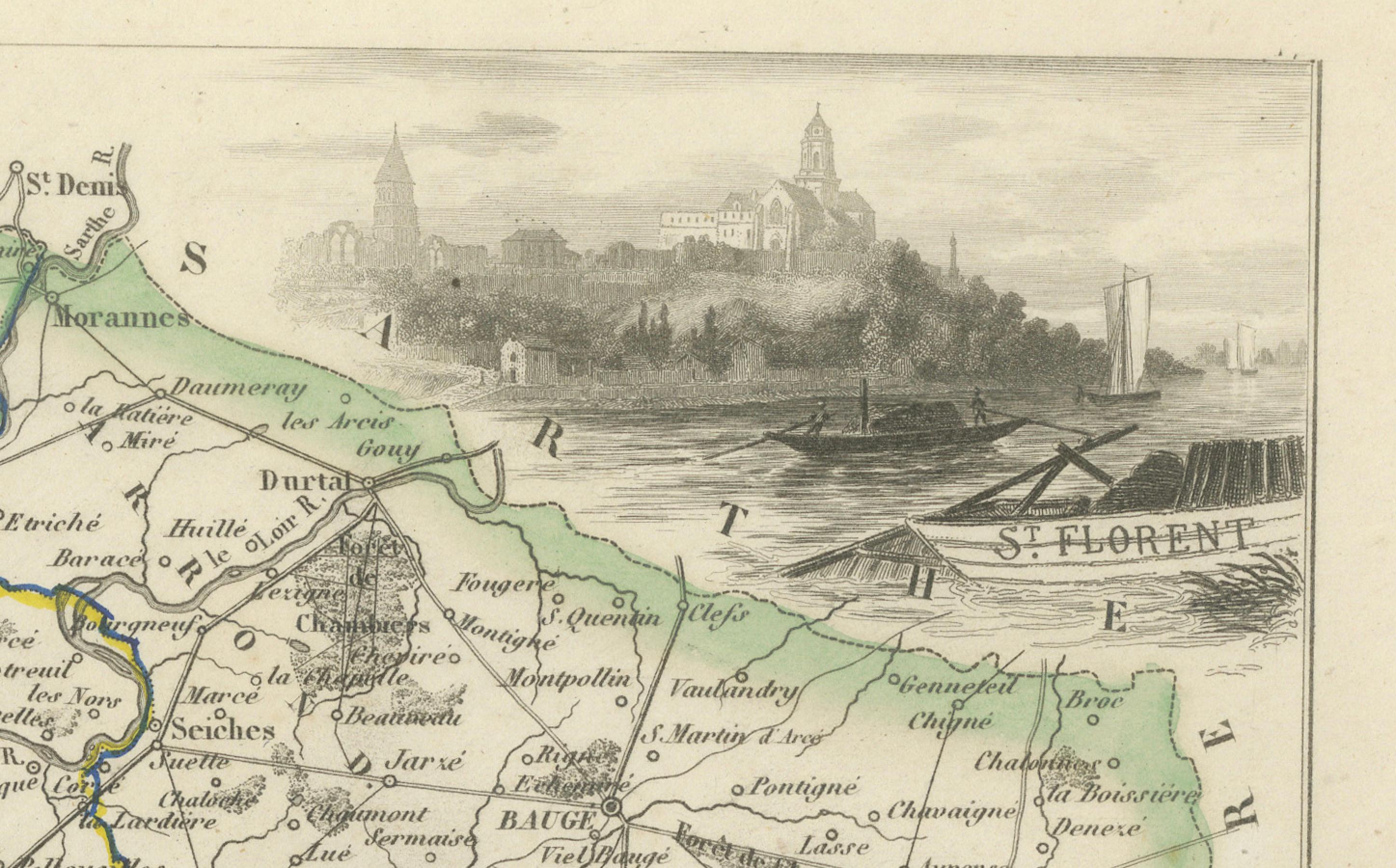 Carte ancienne du Maine-et-Loire avec illustrations - Vuillemin c.1850 Bon état - En vente à Langweer, NL