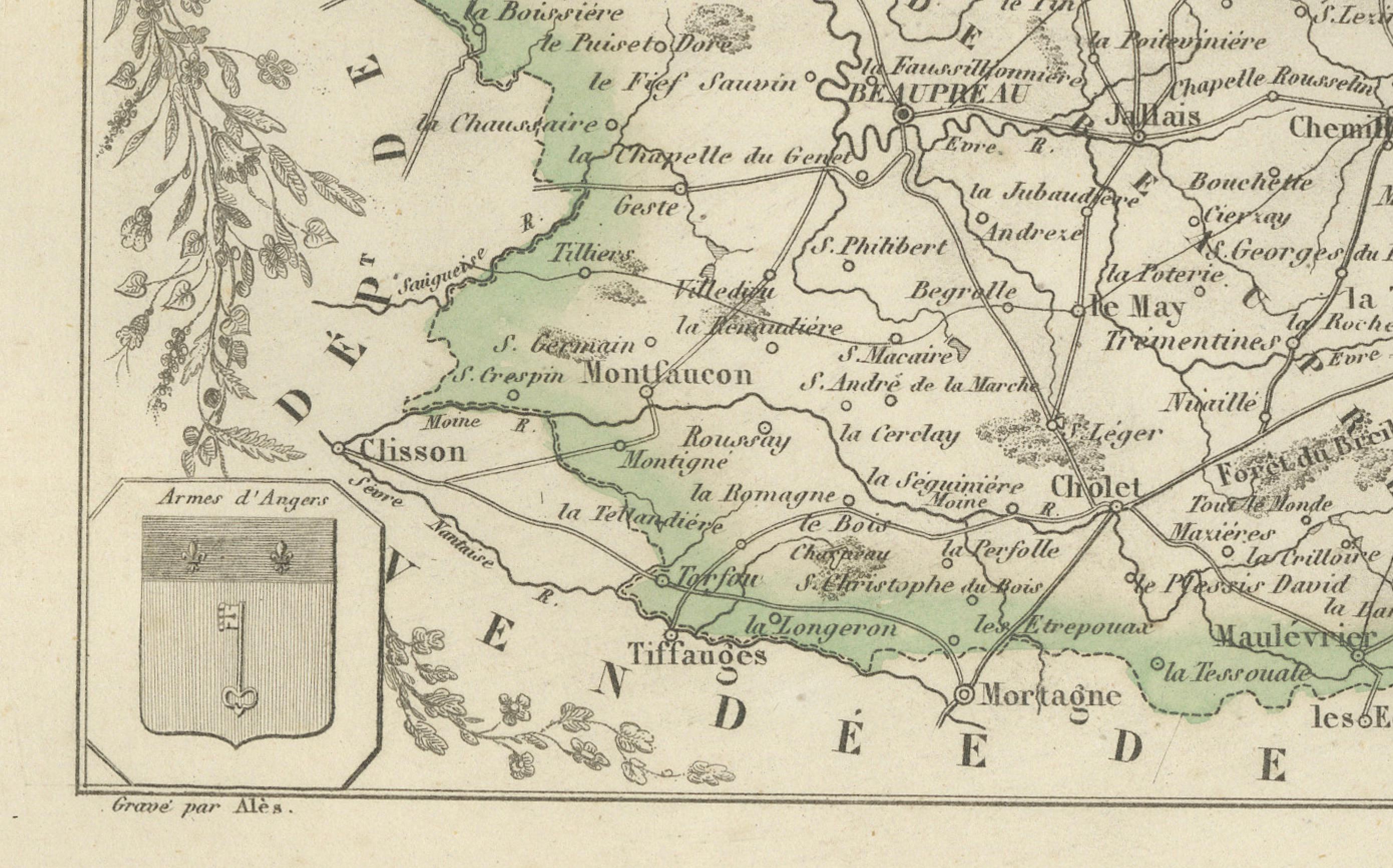 Carte ancienne du Maine-et-Loire avec illustrations - Vuillemin c.1850 en vente 1