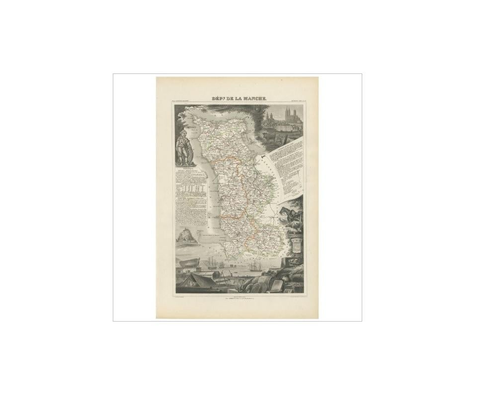 Antique map titled 'Dépt. de la Manche'. Map of the French department of Manche, France. This area is known for its production of Camembert, a soft, creamy, surface-ripened cow’s milk cheese. The map proper is surrounded by elaborate decorative
