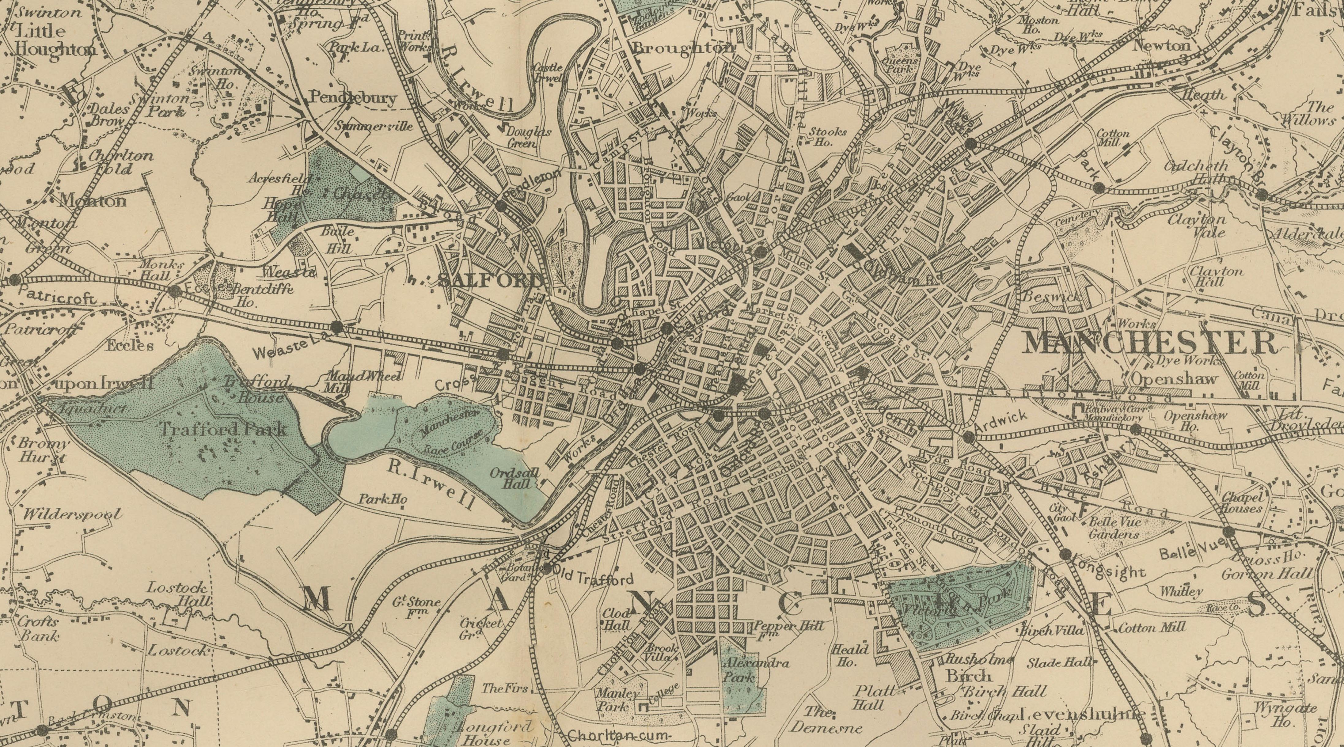 Antique Map of Manchester & Environs, Victorian Industrial Lancashire Map, 1885